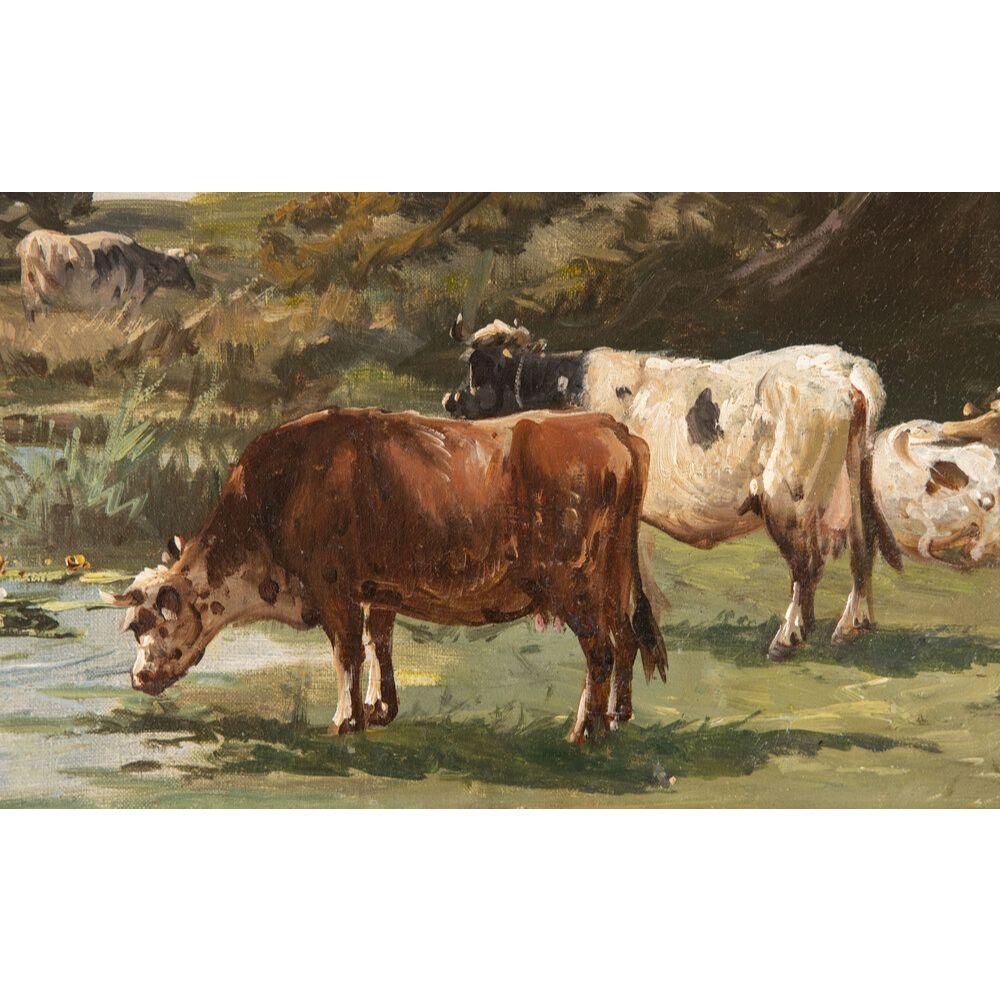 19th Century French Landscape with Cattle Watering Oil Painting, Signed In Good Condition In Pearland, TX