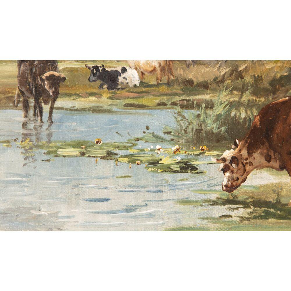 19th Century French Landscape with Cattle Watering Oil Painting, Signed 1