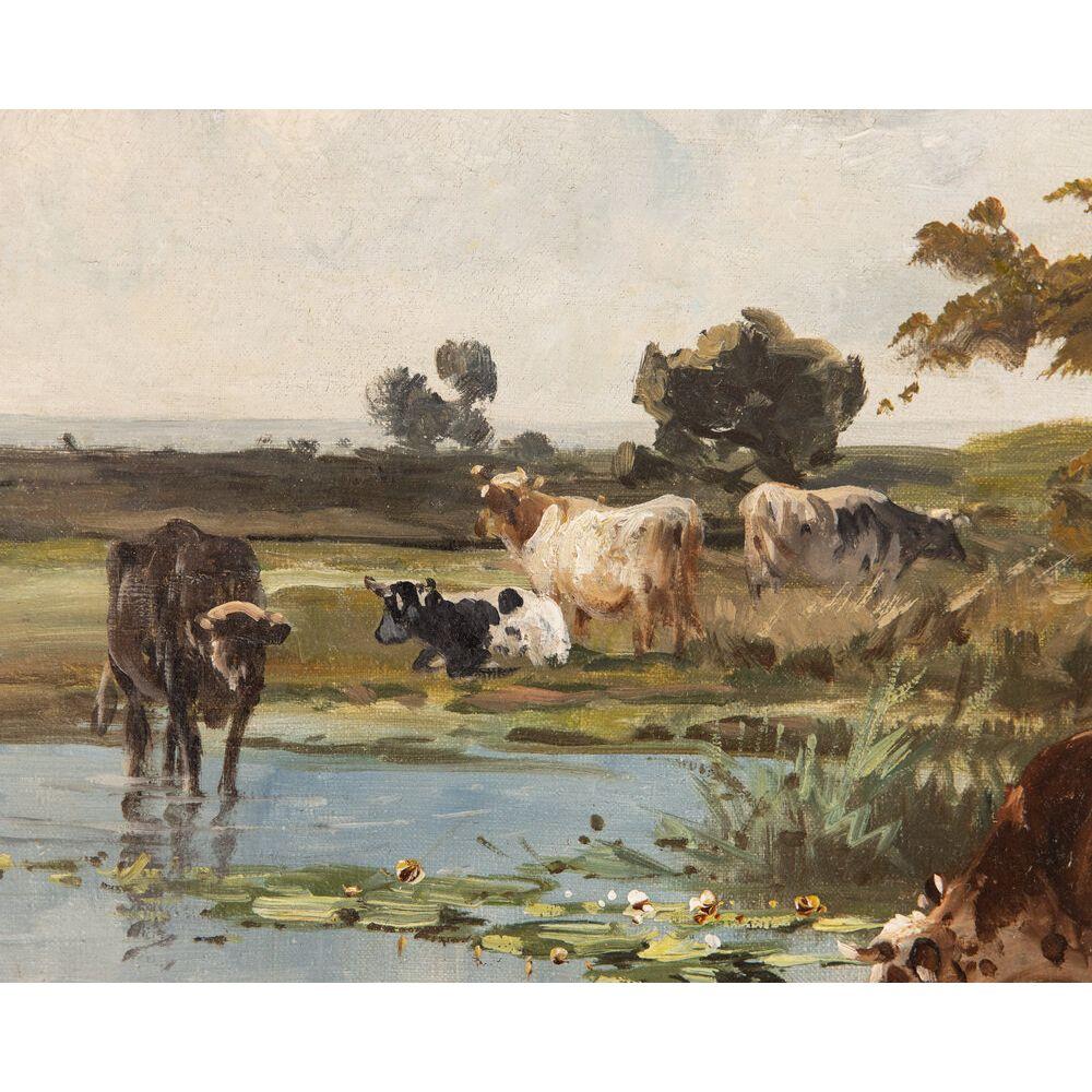19th Century French Landscape with Cattle Watering Oil Painting, Signed 2