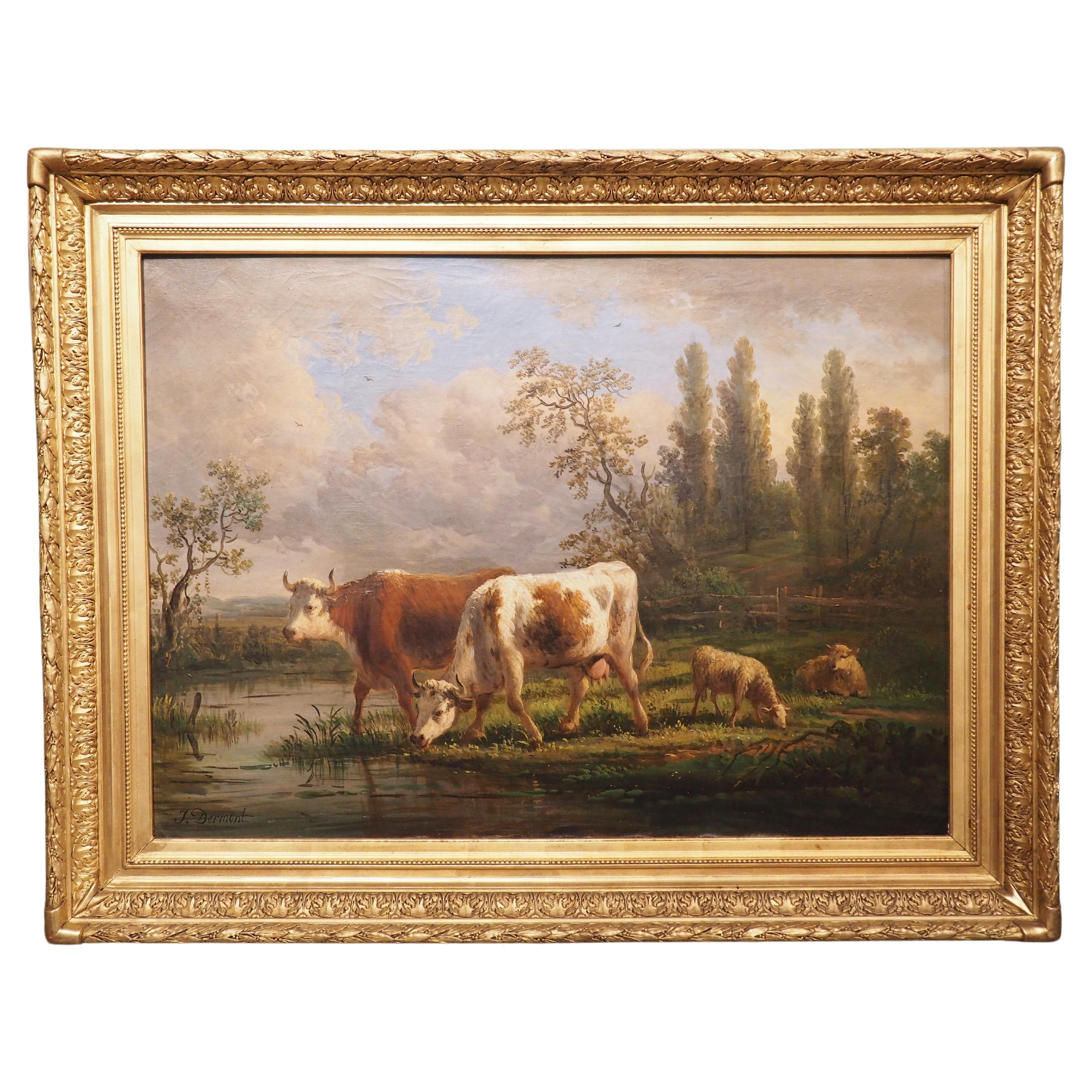 19th Century French Landscape with Cows Painting in Giltwood Frame, J. Dermont