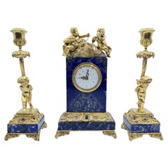 Antique 19th Century French Lapis and Ormolu Clock and Candlesticks with Cherubs