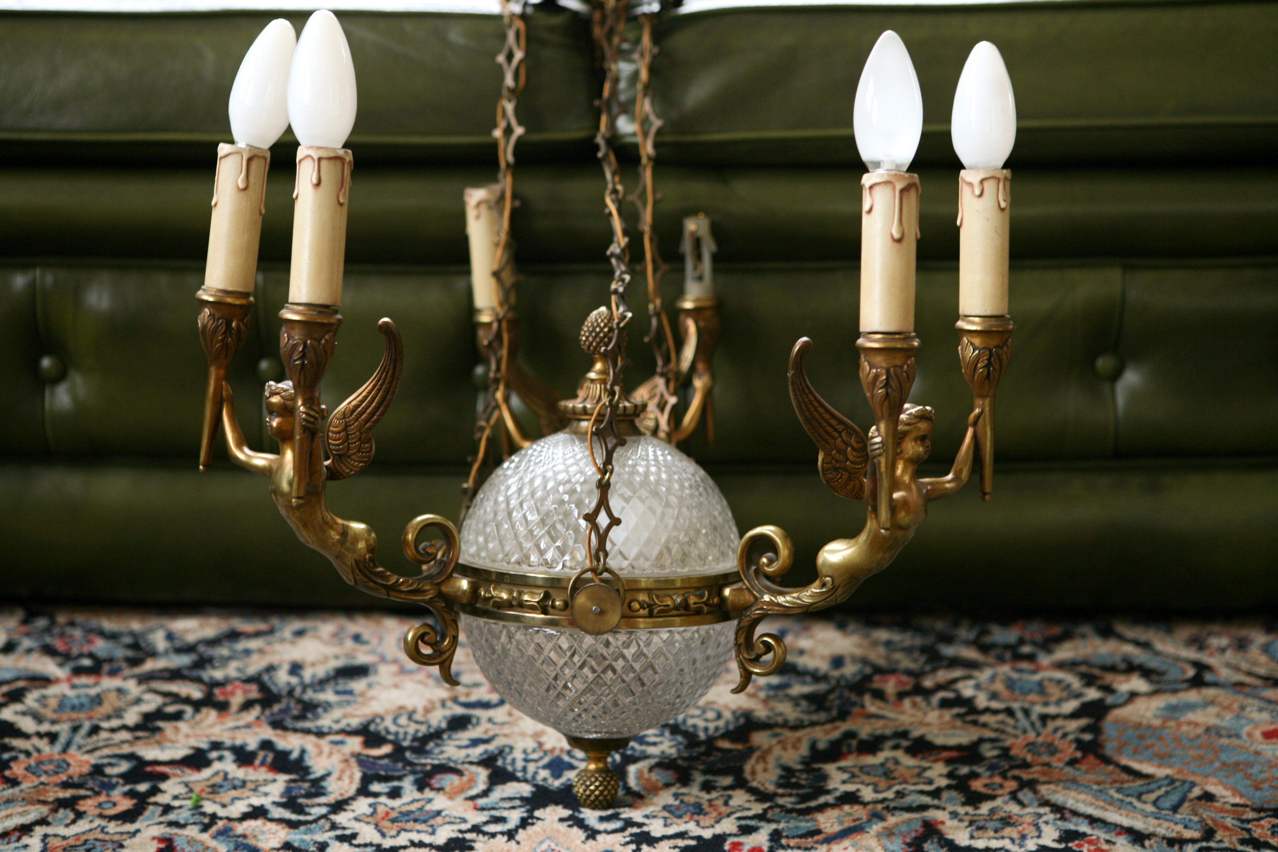 19th Century French Large Bronze Chandelier with Angels Holding Double Torches In Good Condition In Sofia, BG
