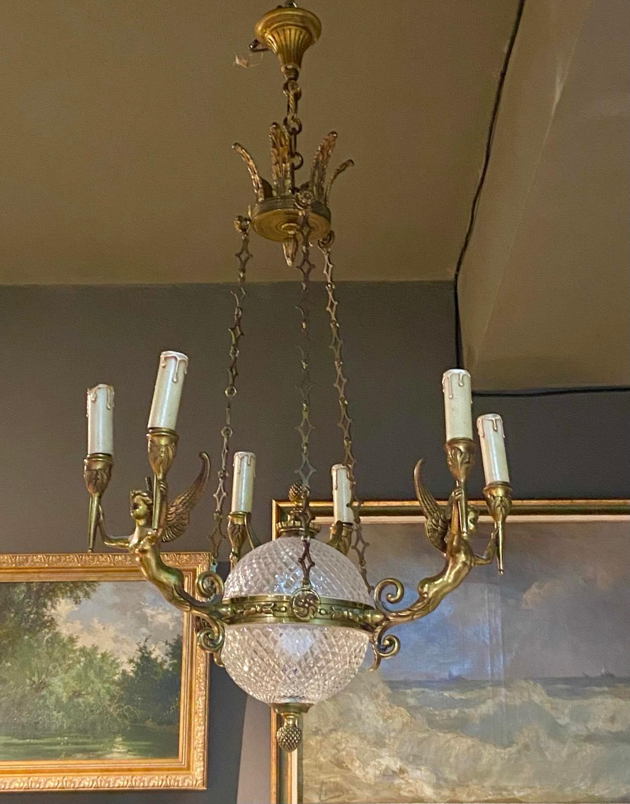 19th Century French Large Bronze Chandelier with Angels Holding Double Torches 3