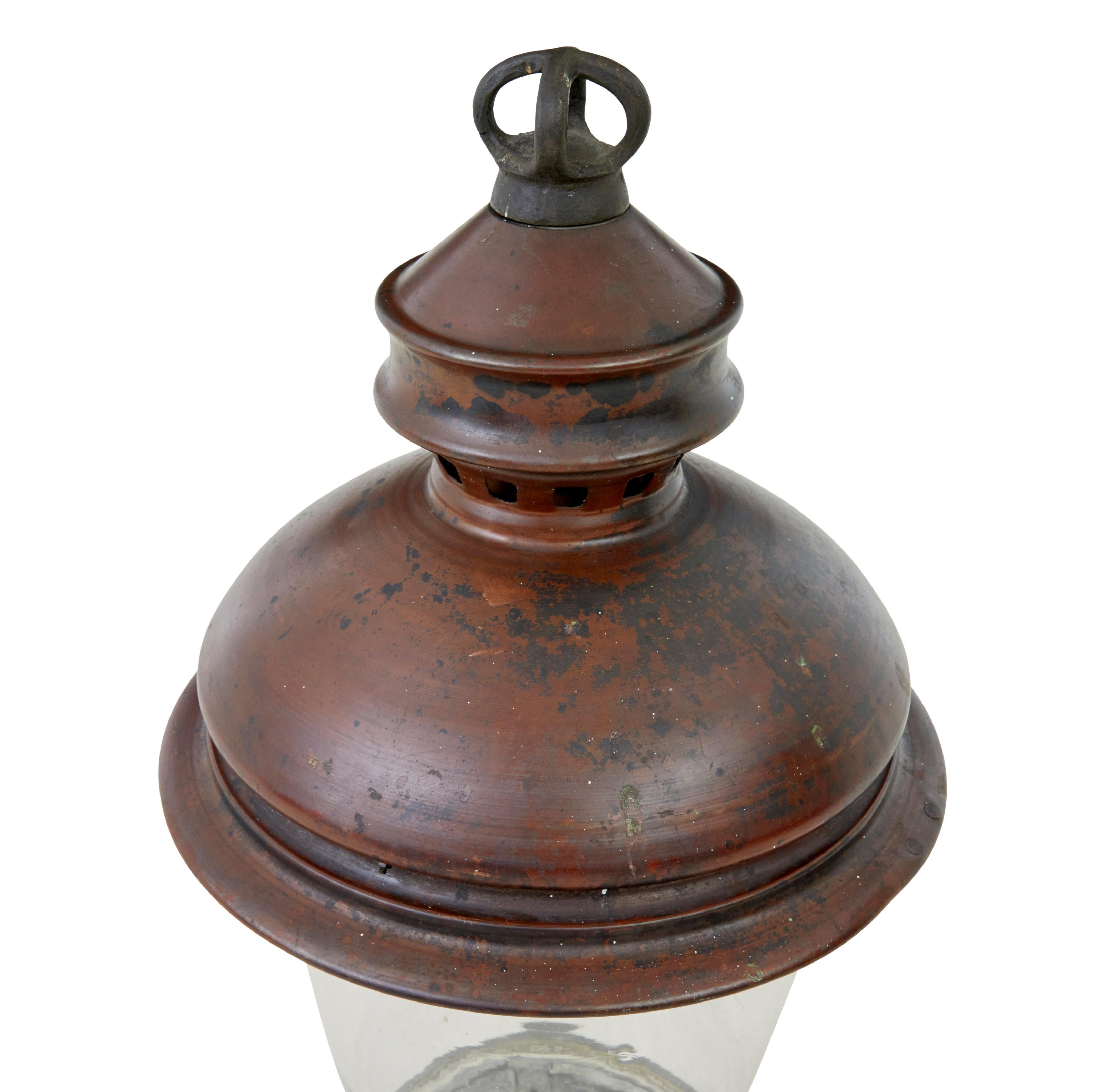 19th century French large copper and glass street lantern In Good Condition For Sale In Debenham, Suffolk