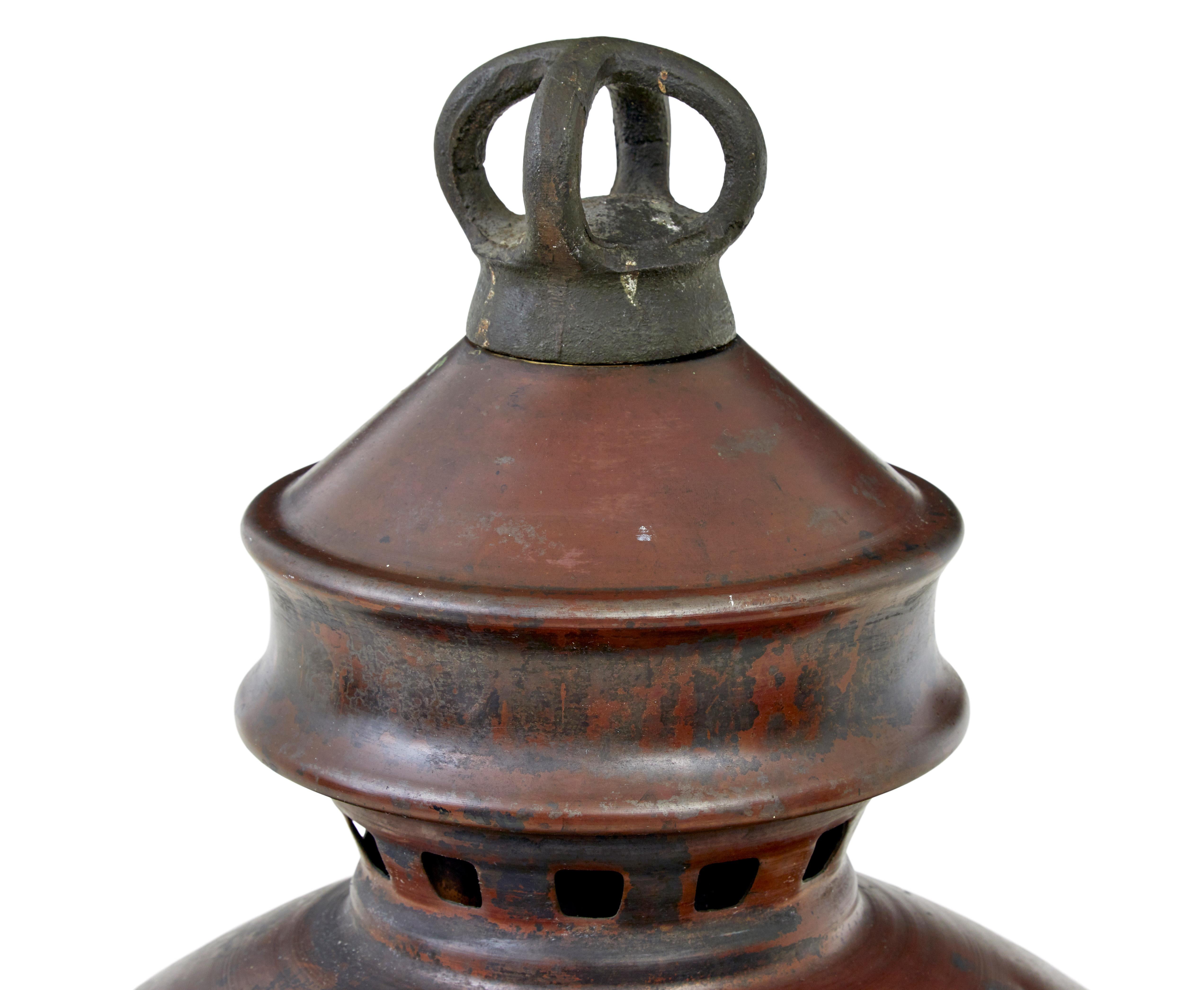 Copper 19th century French large copper and glass street lantern For Sale