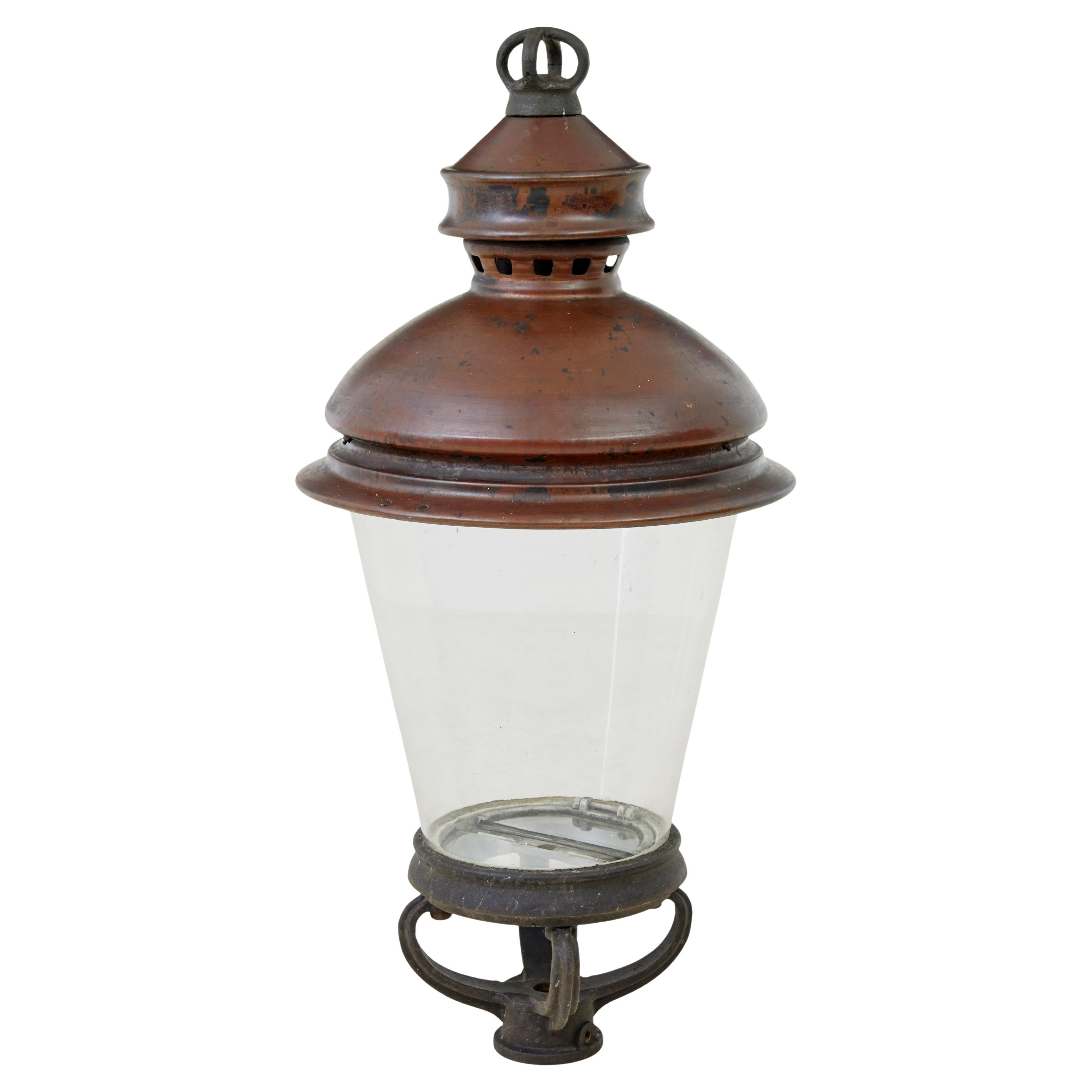 19th century French large copper and glass street lantern For Sale