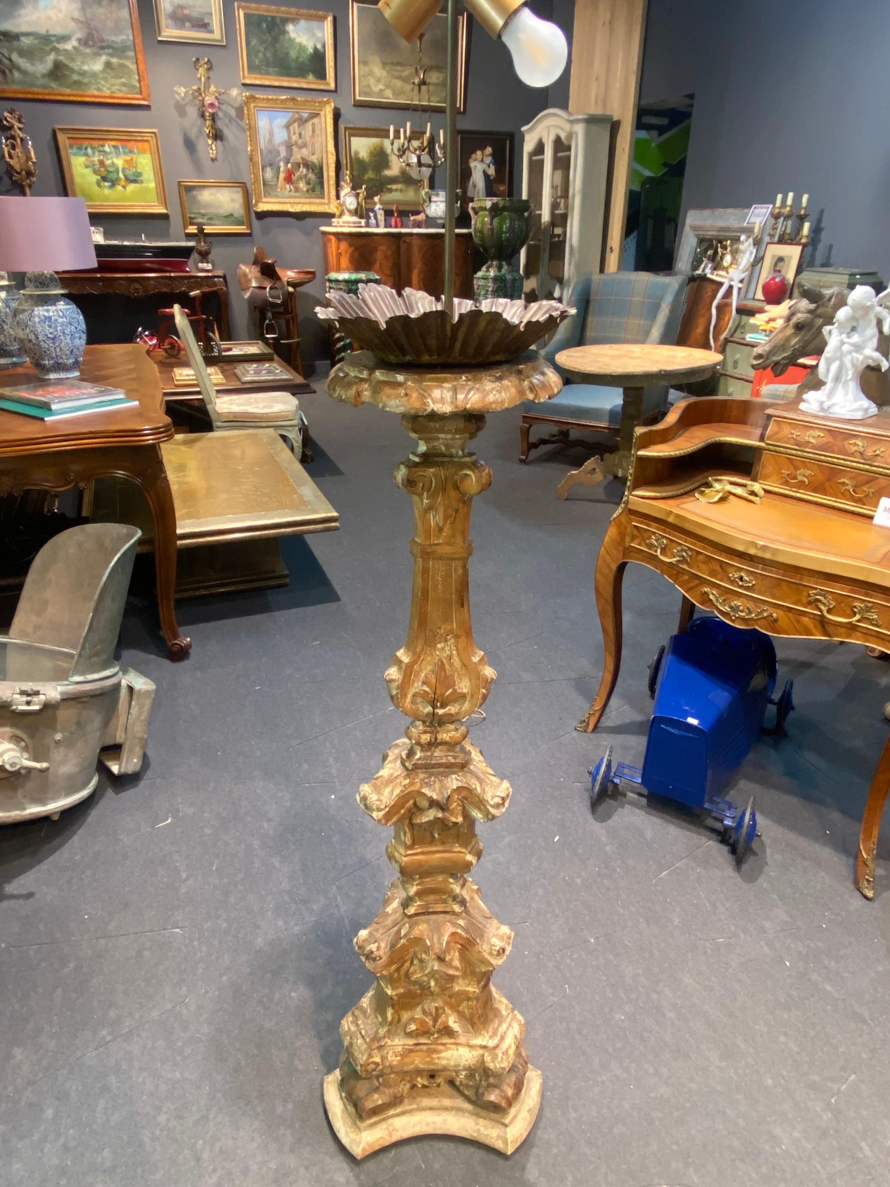 19th Century, French, Large Hand Carved Tripod Wooden Floor Lamp In Good Condition For Sale In Sofia, BG