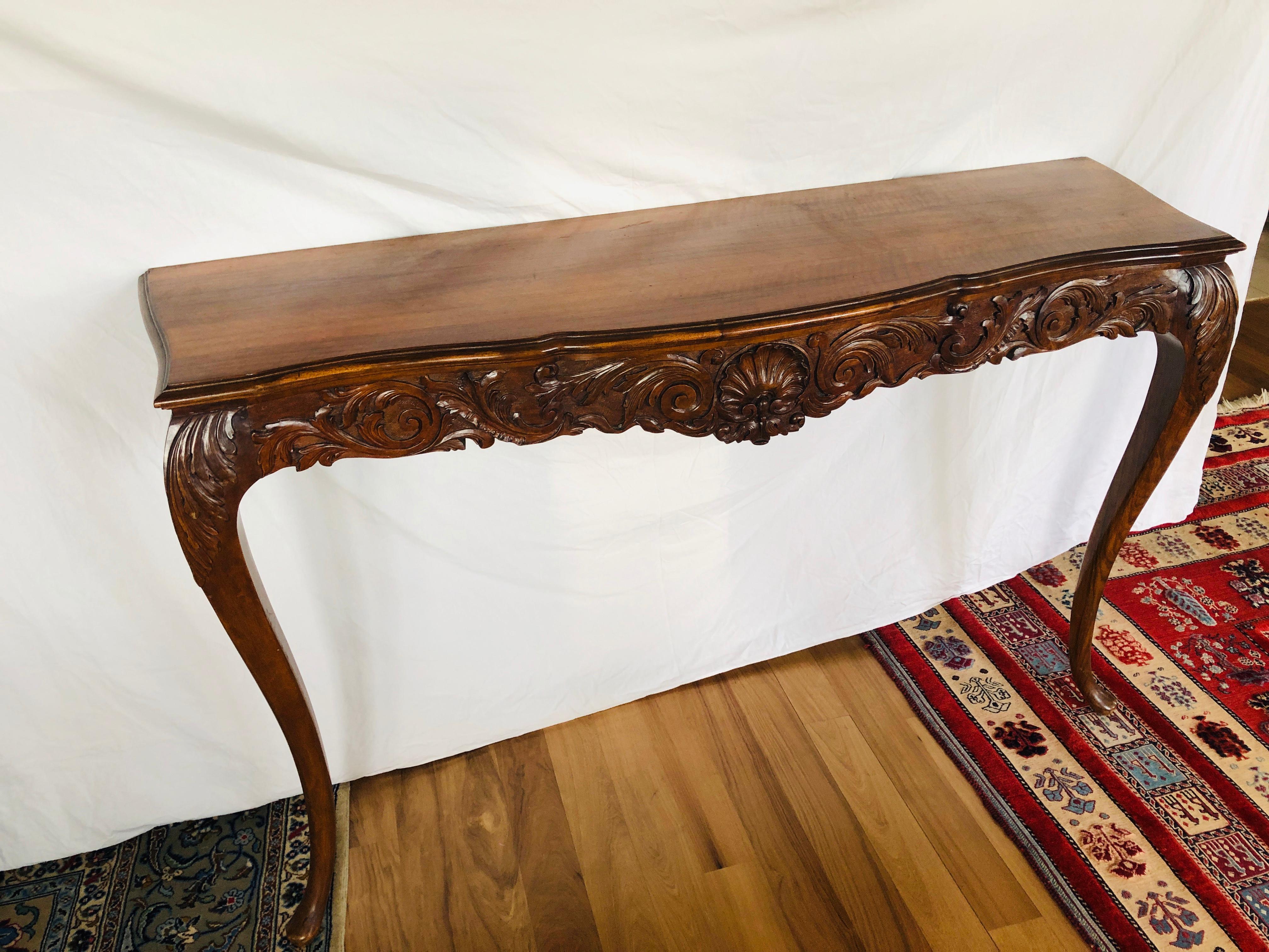 Hand-Carved 19th Century French Large Hand Carved Walnut Console with Wooden Top For Sale
