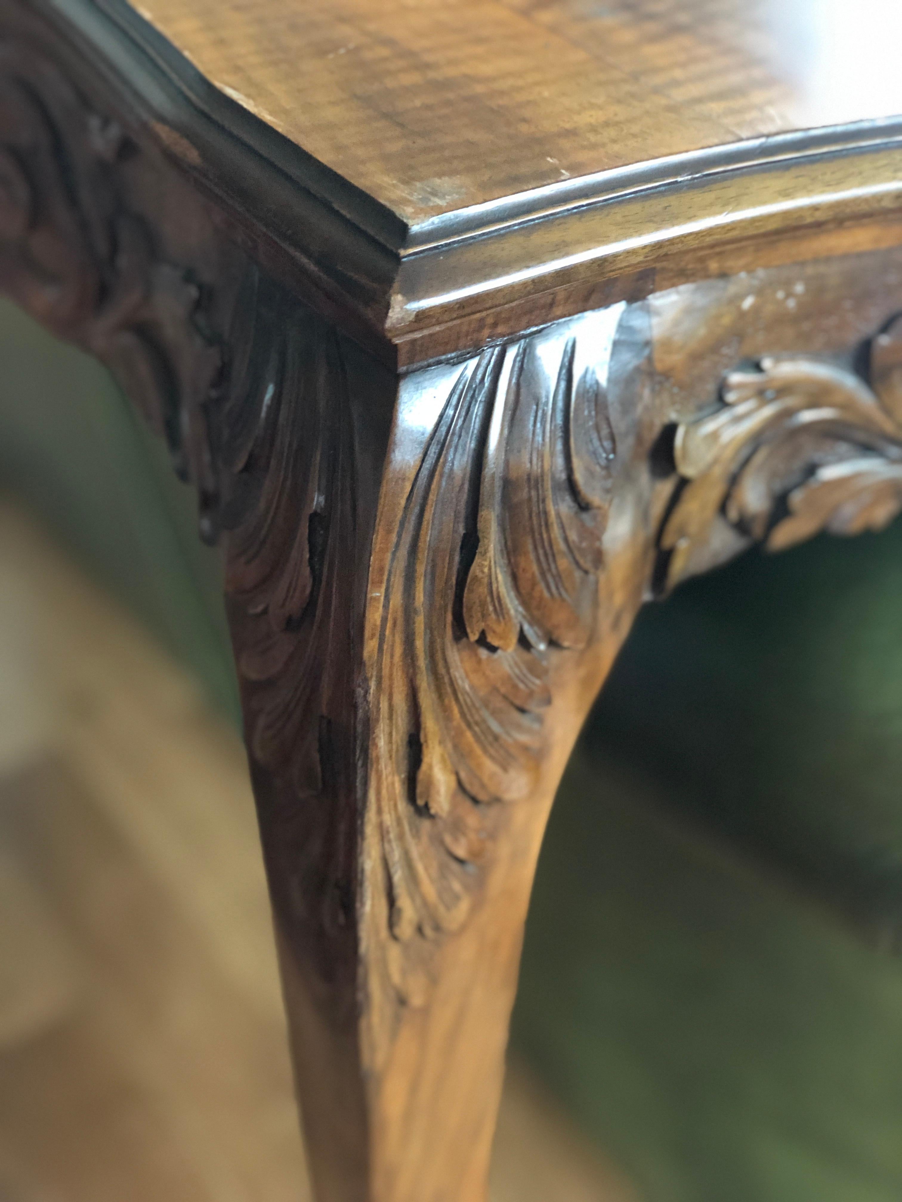 19th Century French Large Hand Carved Walnut Console with Wooden Top For Sale 2