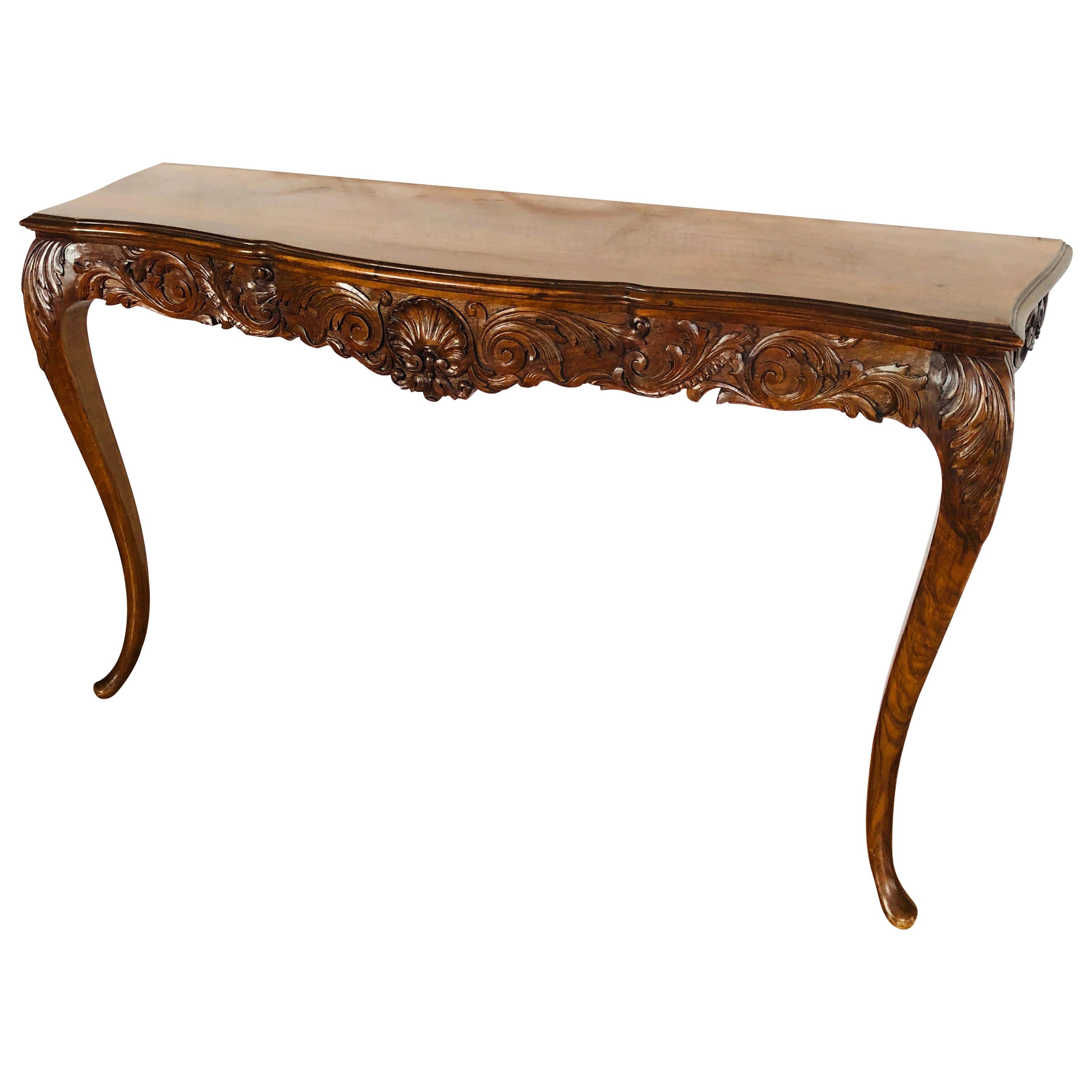 19th Century French Large Hand Carved Walnut Console with Wooden Top For Sale