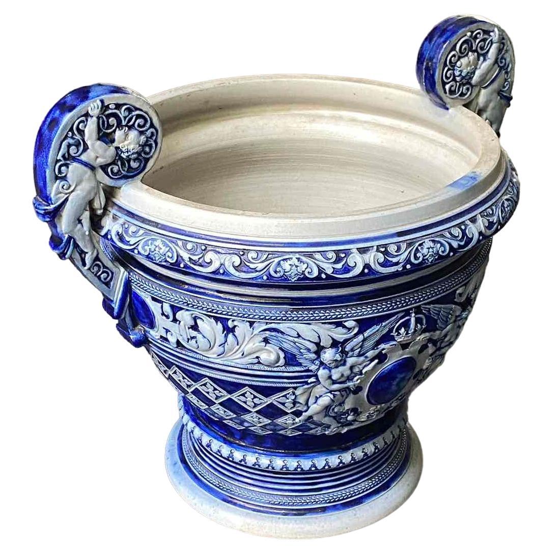 Hand-Painted 19th Century French Large Hand Made and Hand Painted Ceramic Jardiniere  For Sale