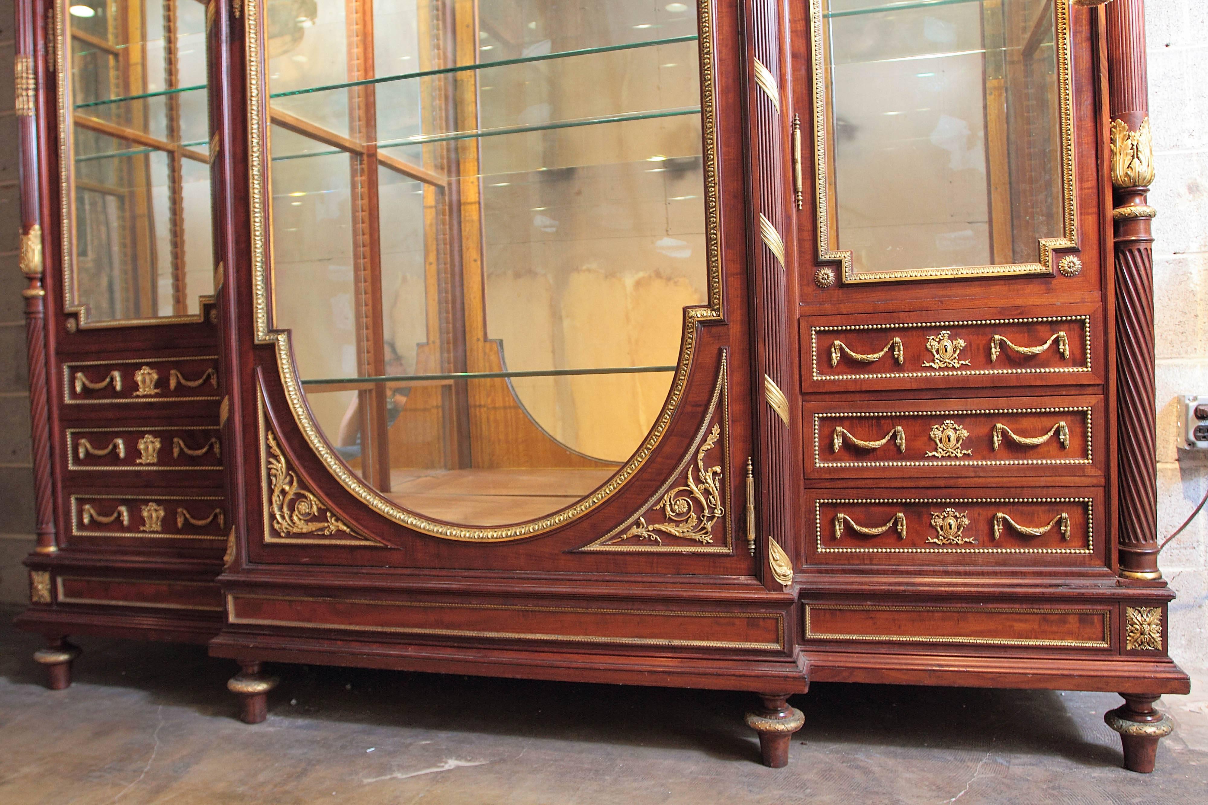 19th Century French Large Mahogany and Gilt Bronze Viewing Cabinet Signed Linke  5