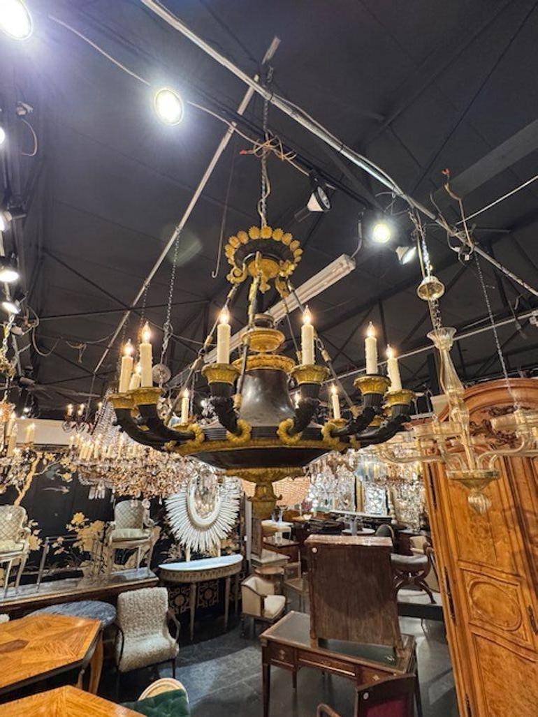 Esta lámpara de araña del siglo XIX, de gran tamaño y estilo Imperio francés, está fabricada en bronce con un llamativo color negro y dorado. Presume de un diseño impresionante con 16 luces, lo que la convierte en una luminaria significativa y