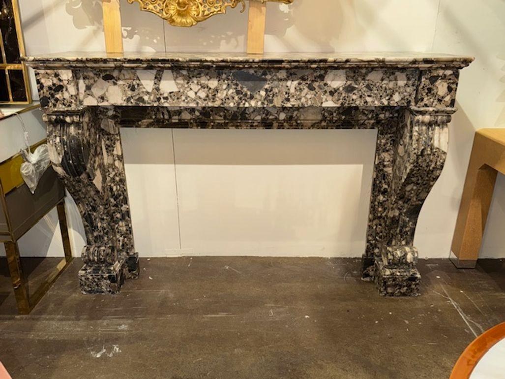 Esta repisa francesa del siglo XIX se caracteriza por su gran tamaño y su intrincada talla en mármol Breccia. El elegante diseño presenta un suave tono rosa, que añade un toque de sofisticación a cualquier chimenea o entorno arquitectónico. Esta