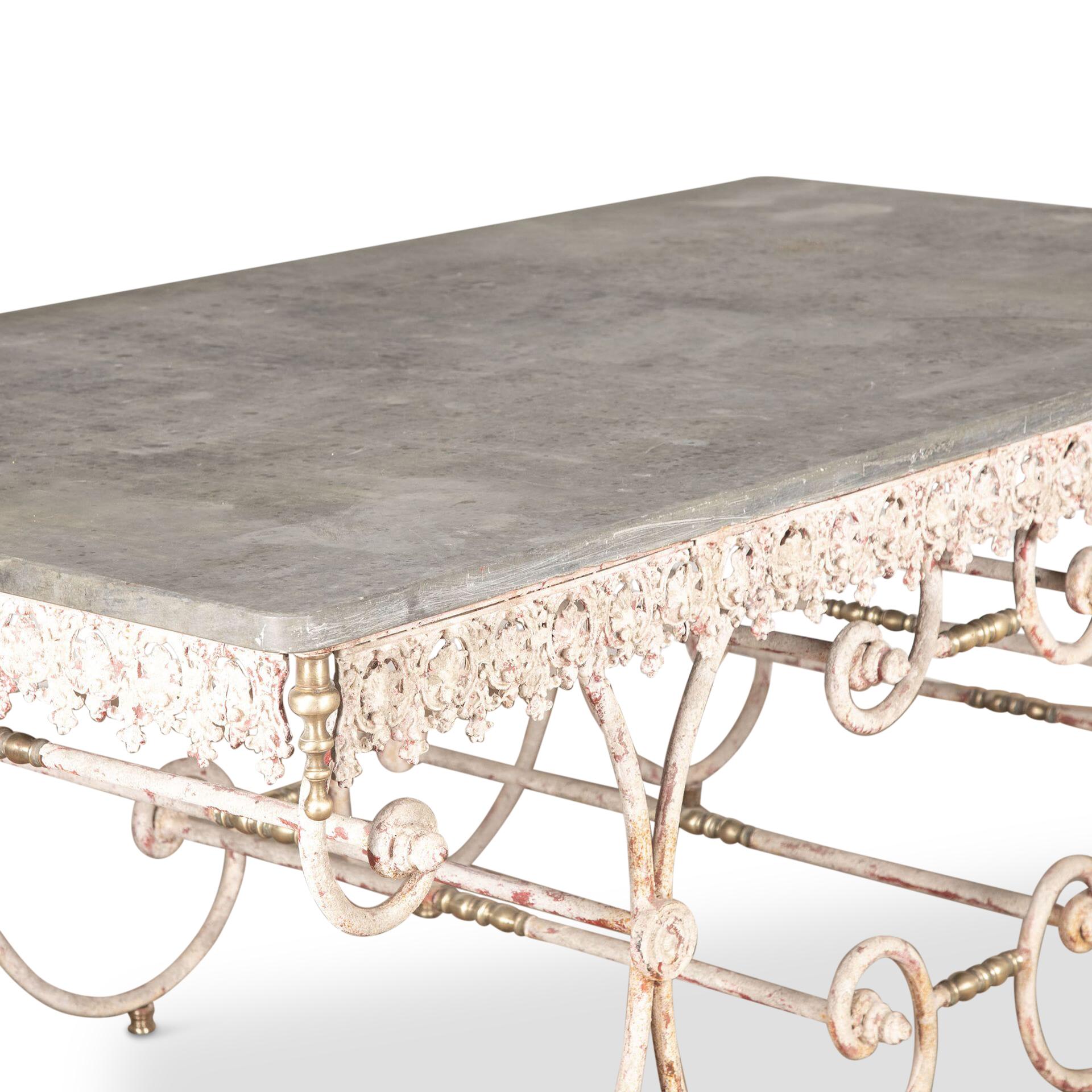 19th Century amazing and very rare large scale French Patisserie table. 

Skilfully forged detailed cast iron base with brass detail supporting a wonderful solid marble top. The table is oozing charm with years of aged patina within the original