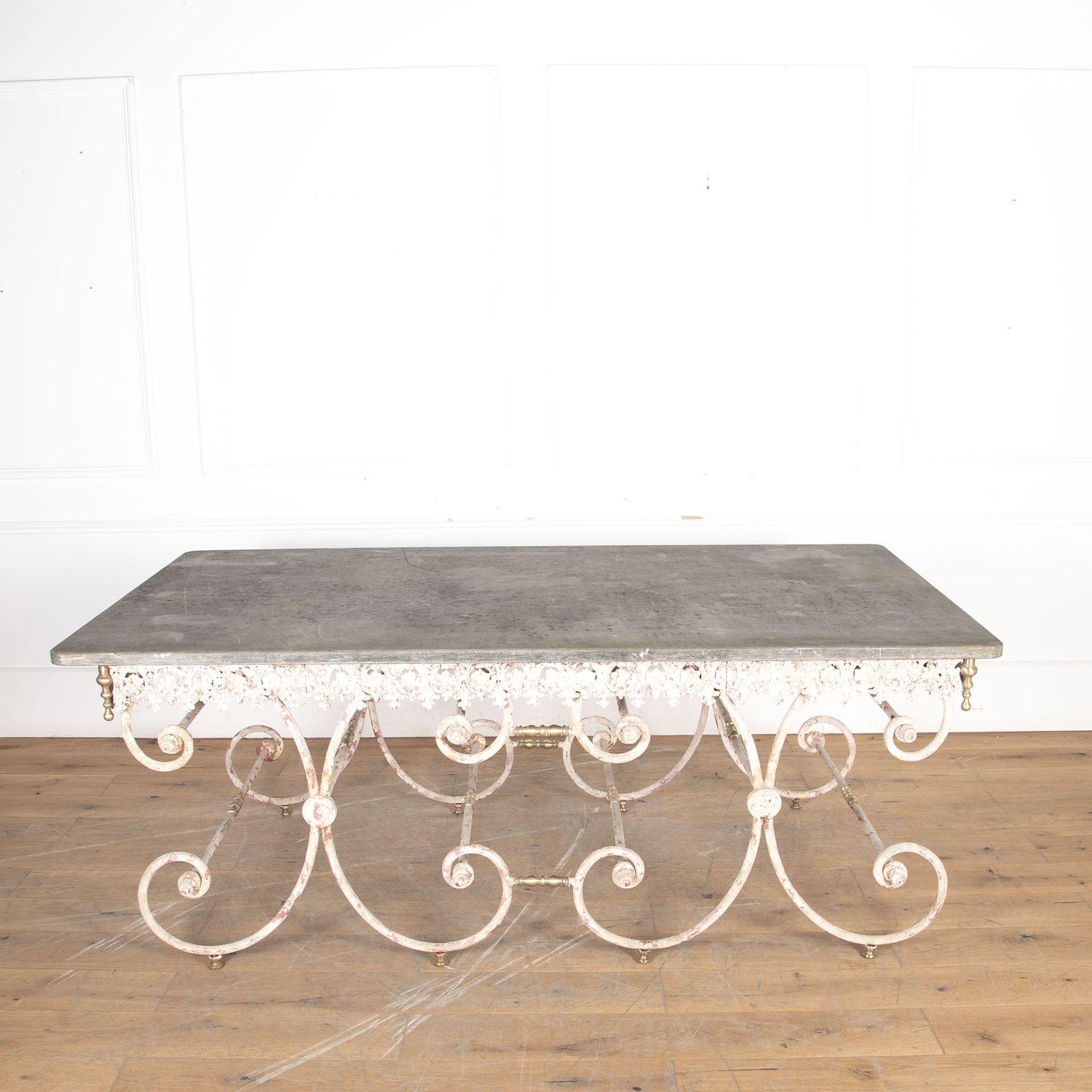 19th Century amazing and very rare large scale French patisserie table.
Skilfully forged detailed cast iron base with brass detail supporting a wonderful solid marble top. The table is oozing charm with years of aged patina within the original