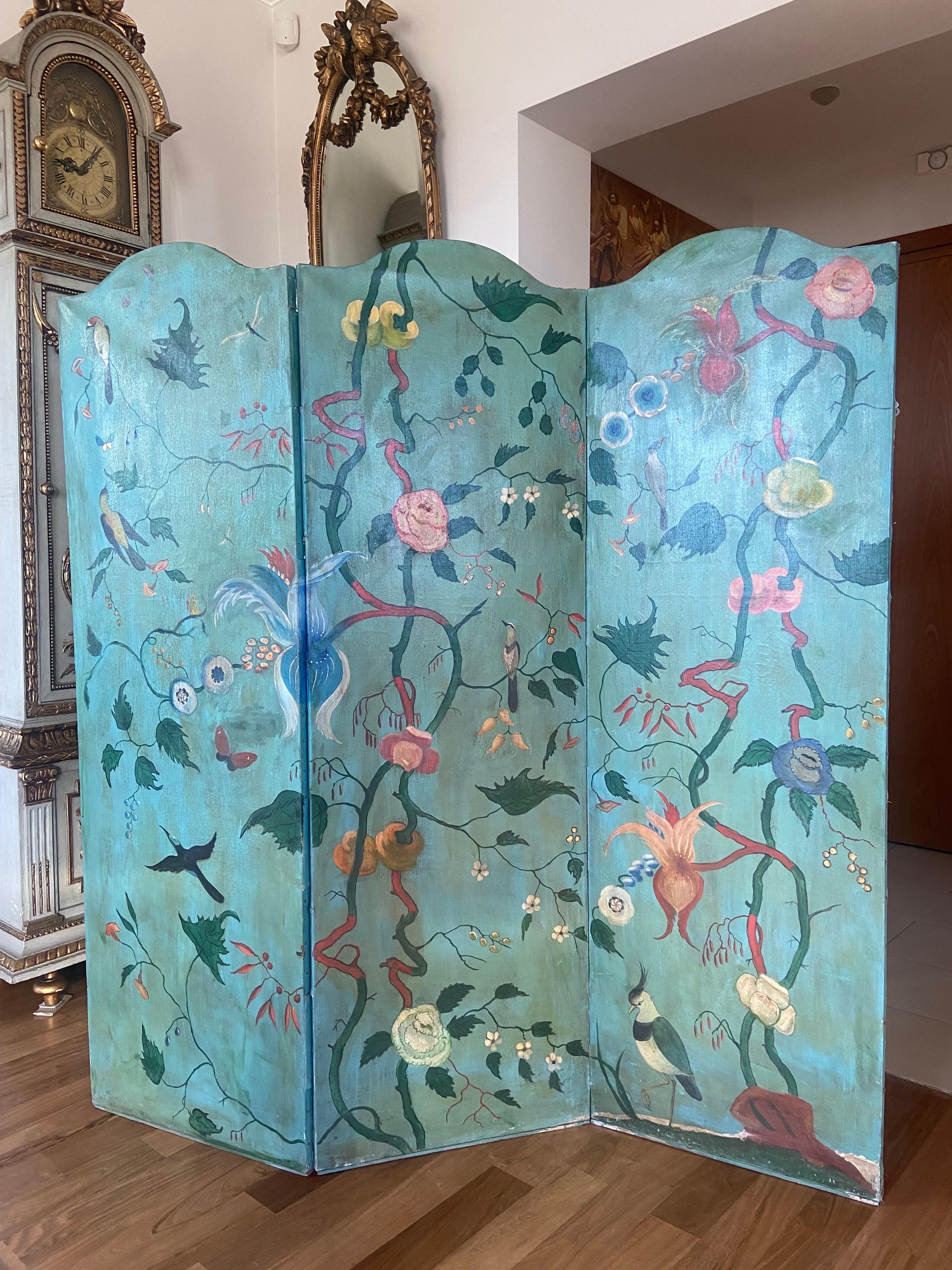 19th Century French Large Screen with Three Leaves in Hand Painted Canvas For Sale 6