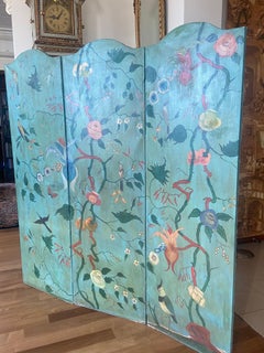 19th Century French Large Screen with Three Leaves in Hand Painted Canvas