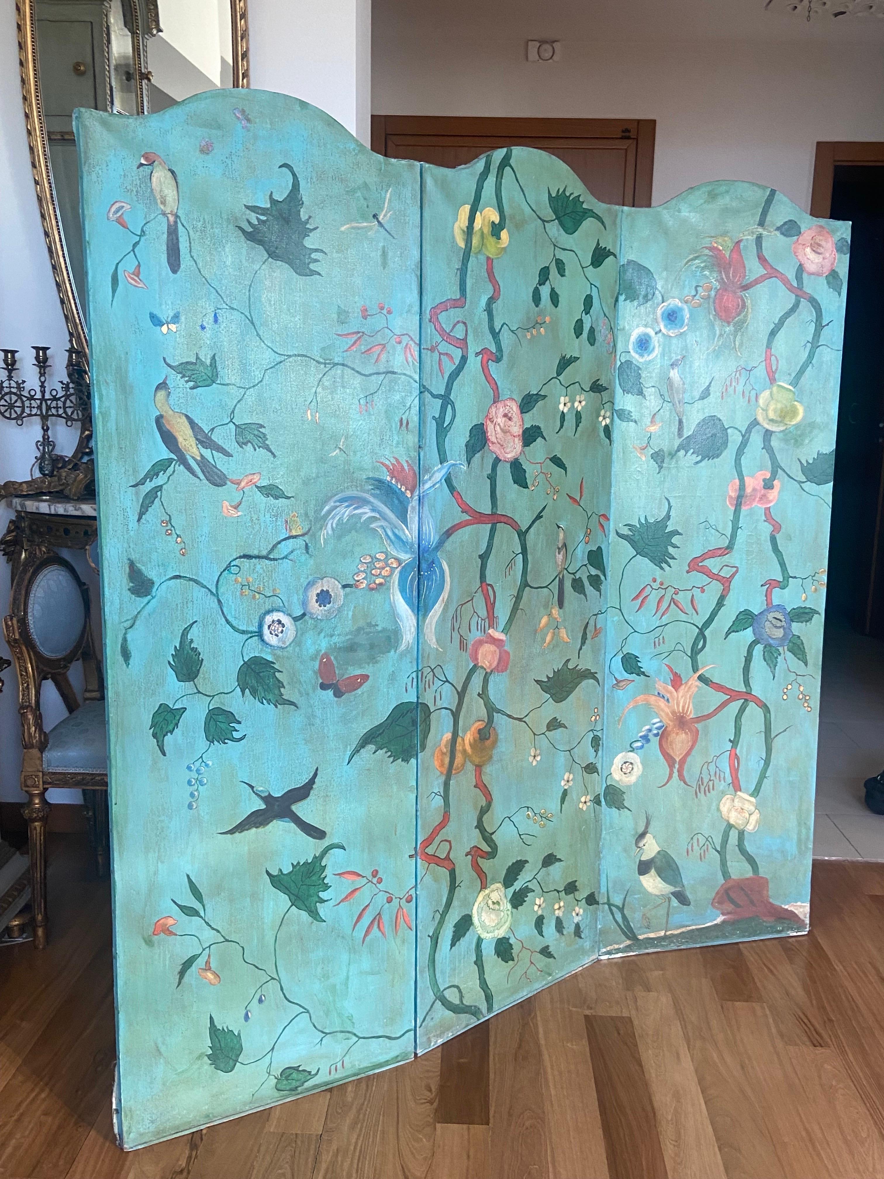 Hand-Painted 19th Century French Large Screen with Three Leaves in Hand Painted Canvas For Sale