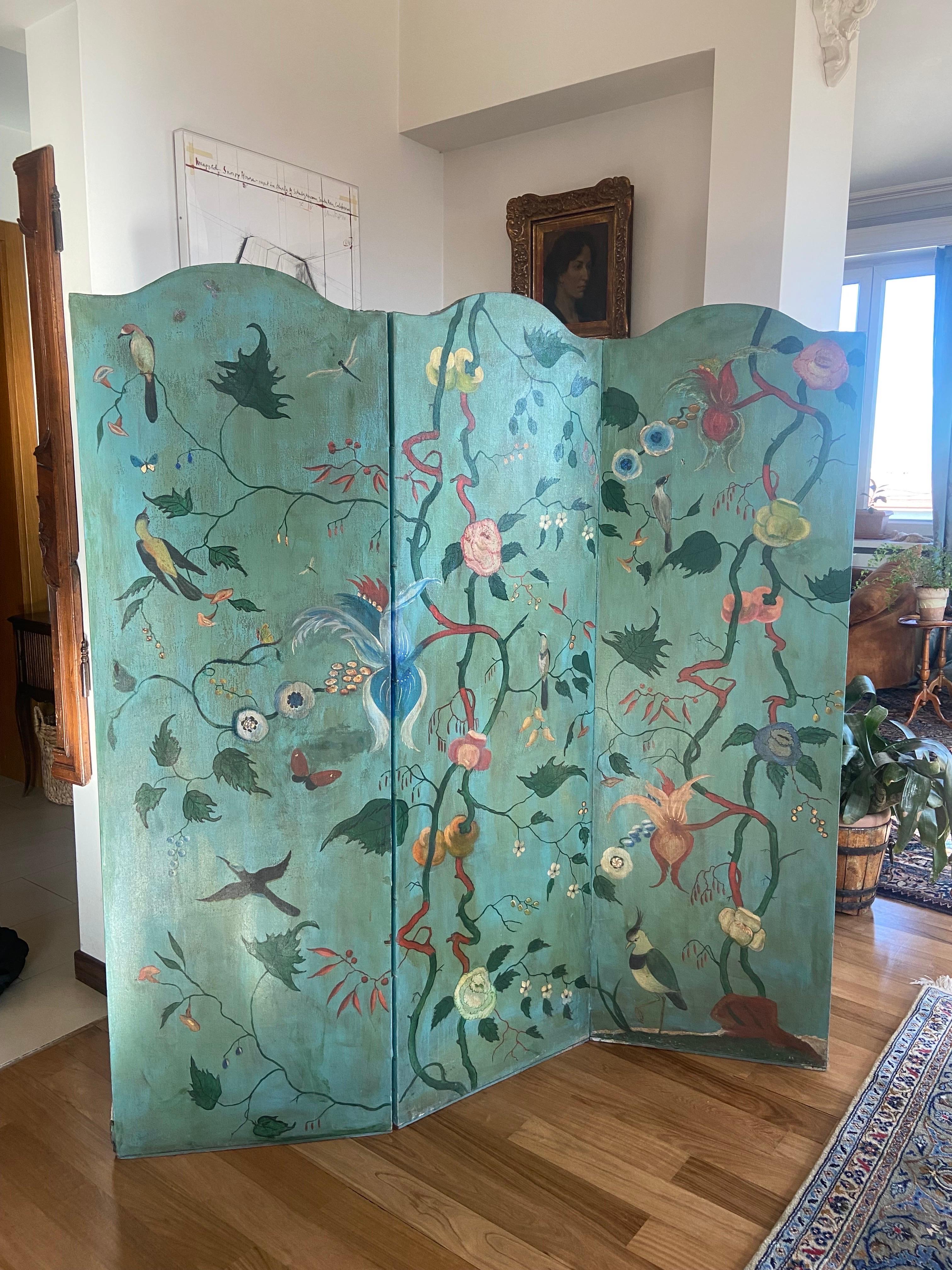 19th Century French Large Screen with Three Leaves in Hand Painted Canvas For Sale 3