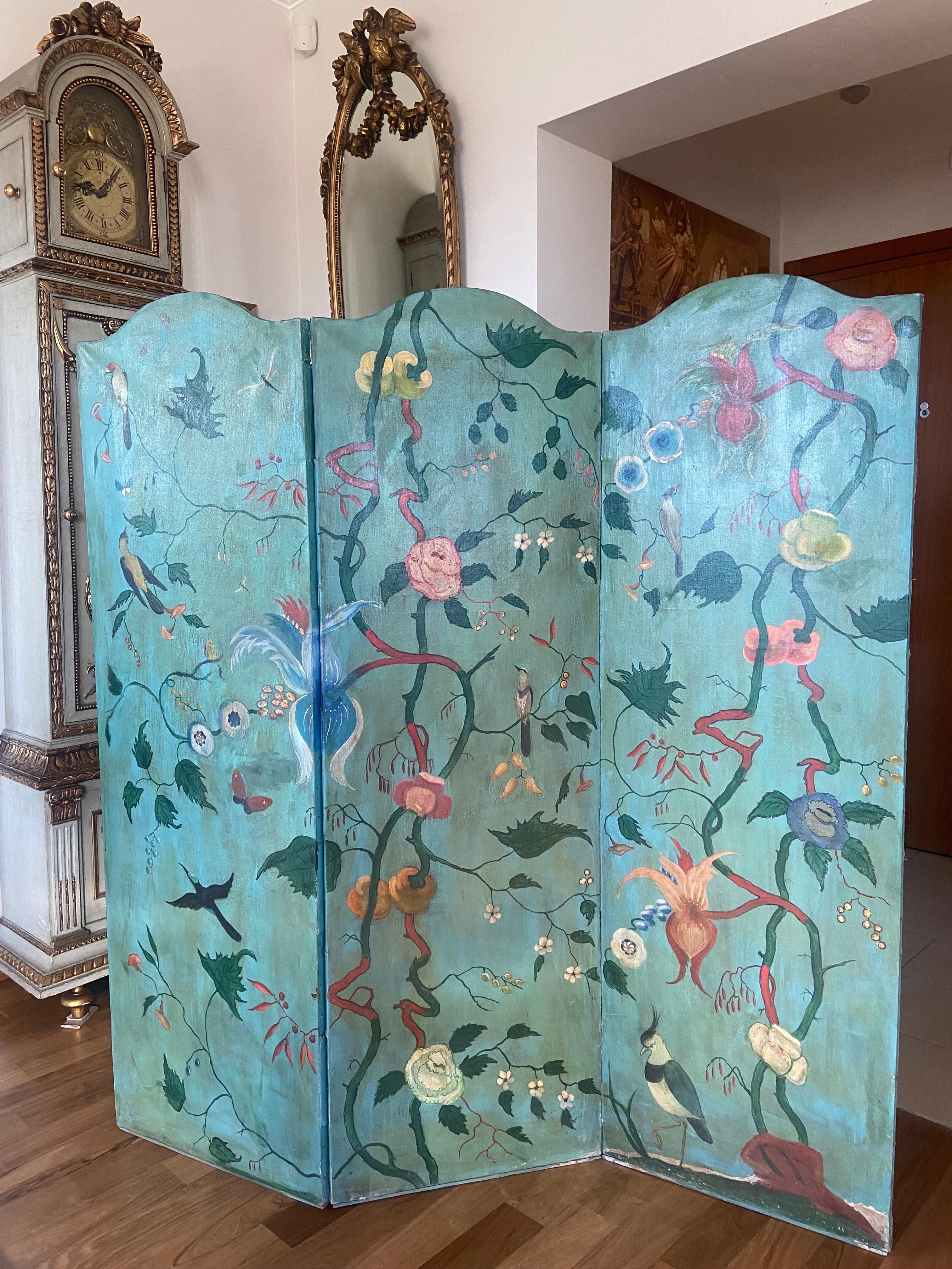 19th Century French Large Screen with Three Leaves in Hand Painted Canvas For Sale 4