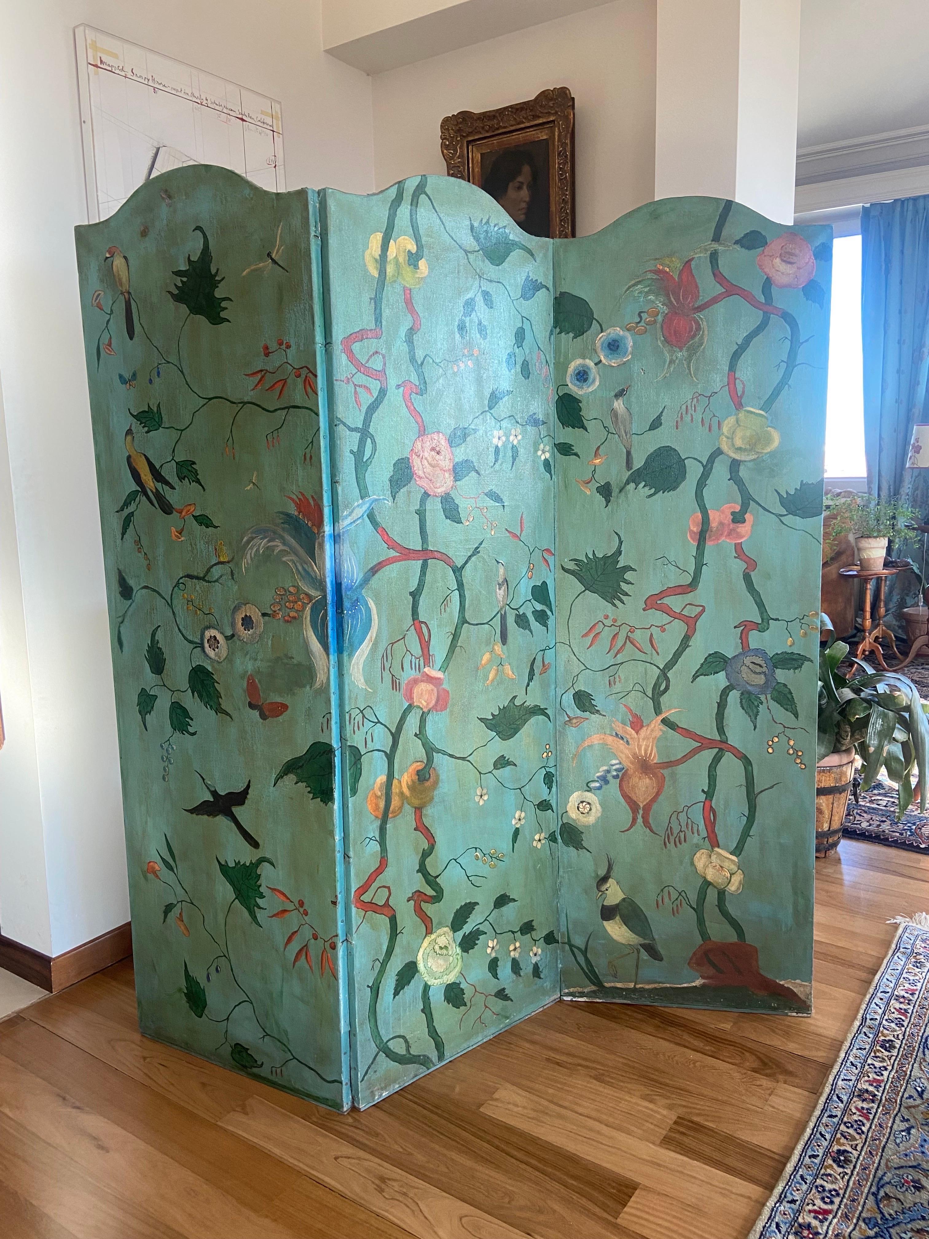 19th Century French Large Screen with Three Leaves in Hand Painted Canvas For Sale 5