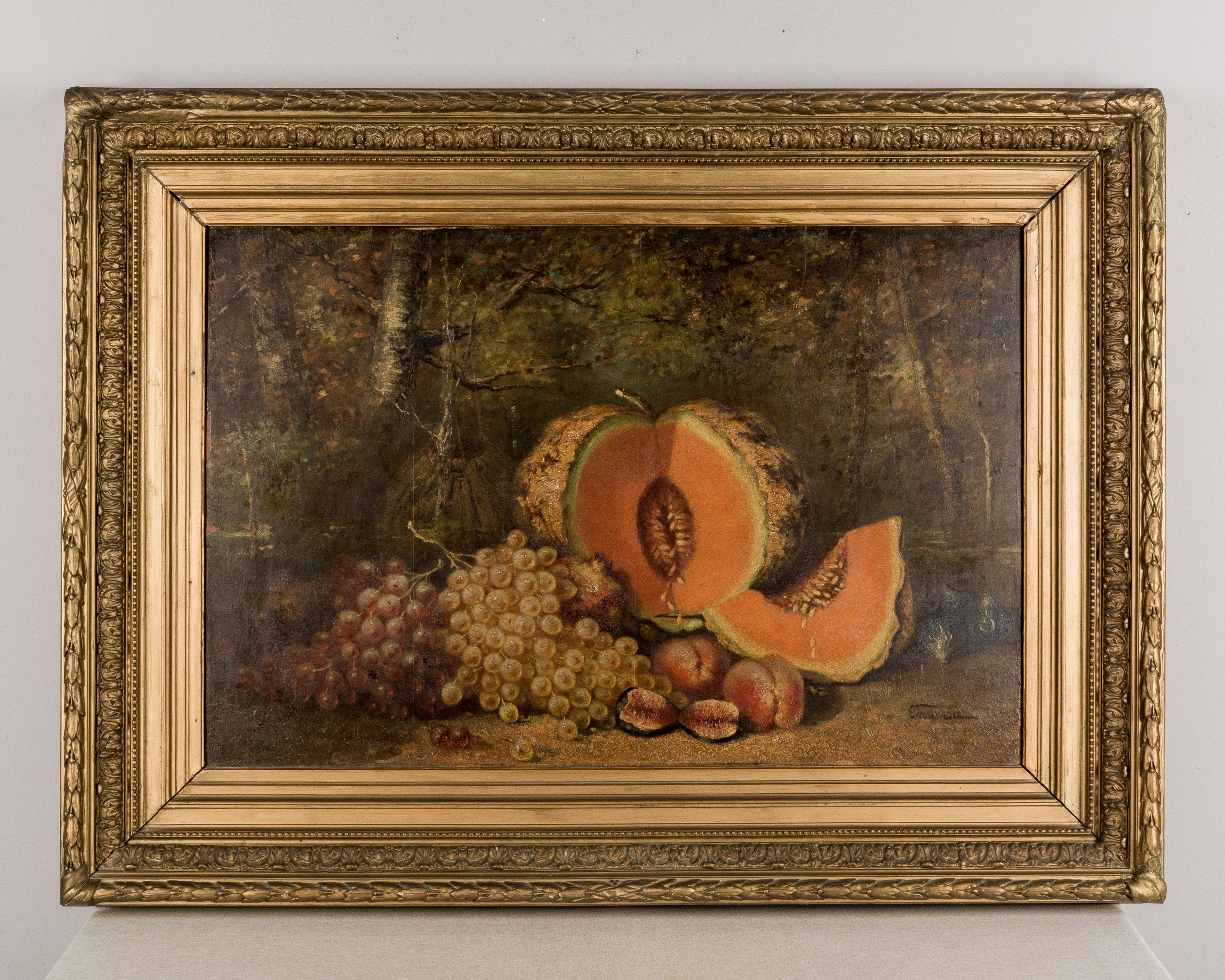 A large 19th century French still life with melons and Mediterranean fruits. Oil on a mahogany board. Signed lower right: Estournet. Heavy gilded wood and gesso frame.
Please refer to photos for more details. Pictures are part of the description.