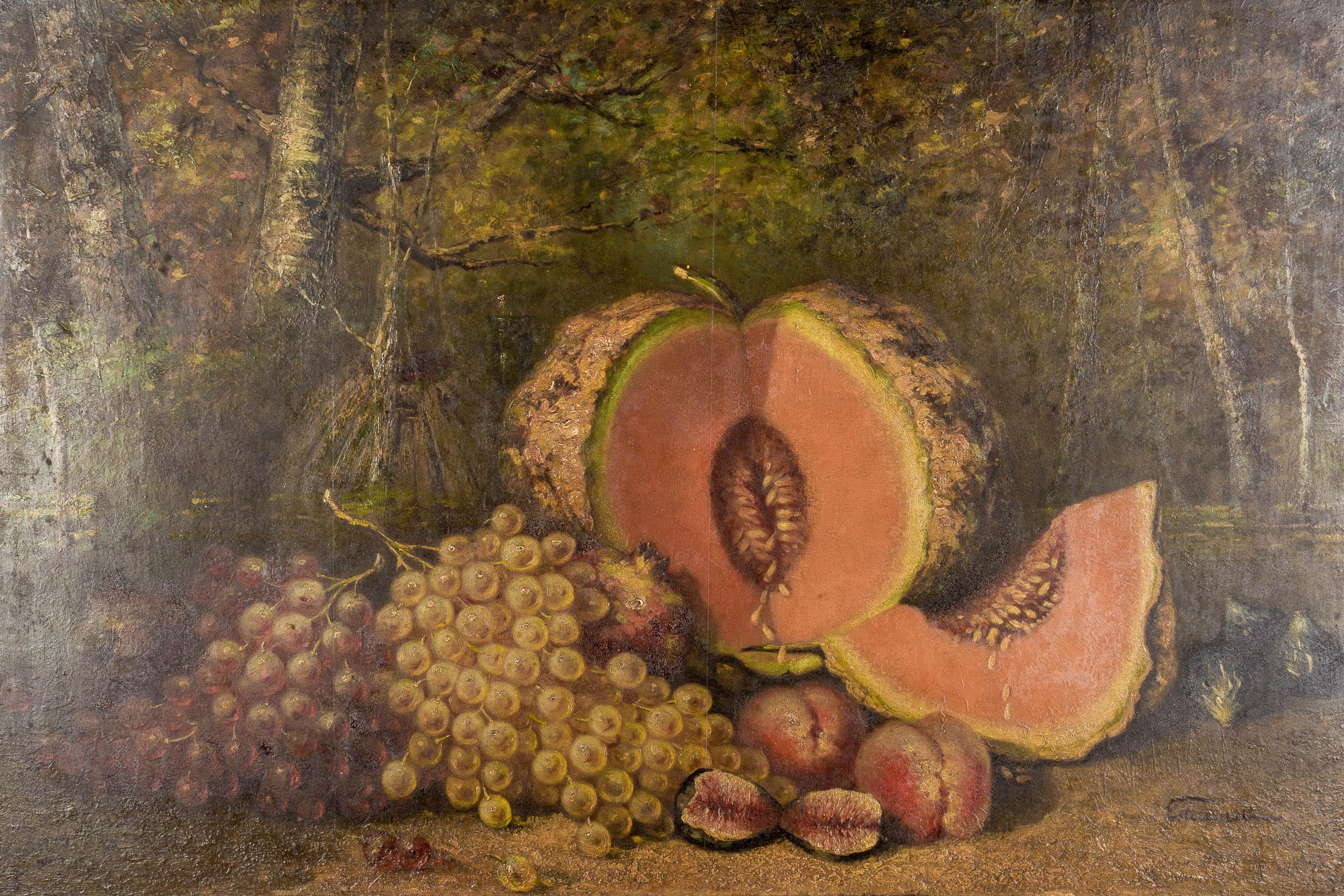 Beaux Arts 19th Century French Large Still Life Melon Painting For Sale