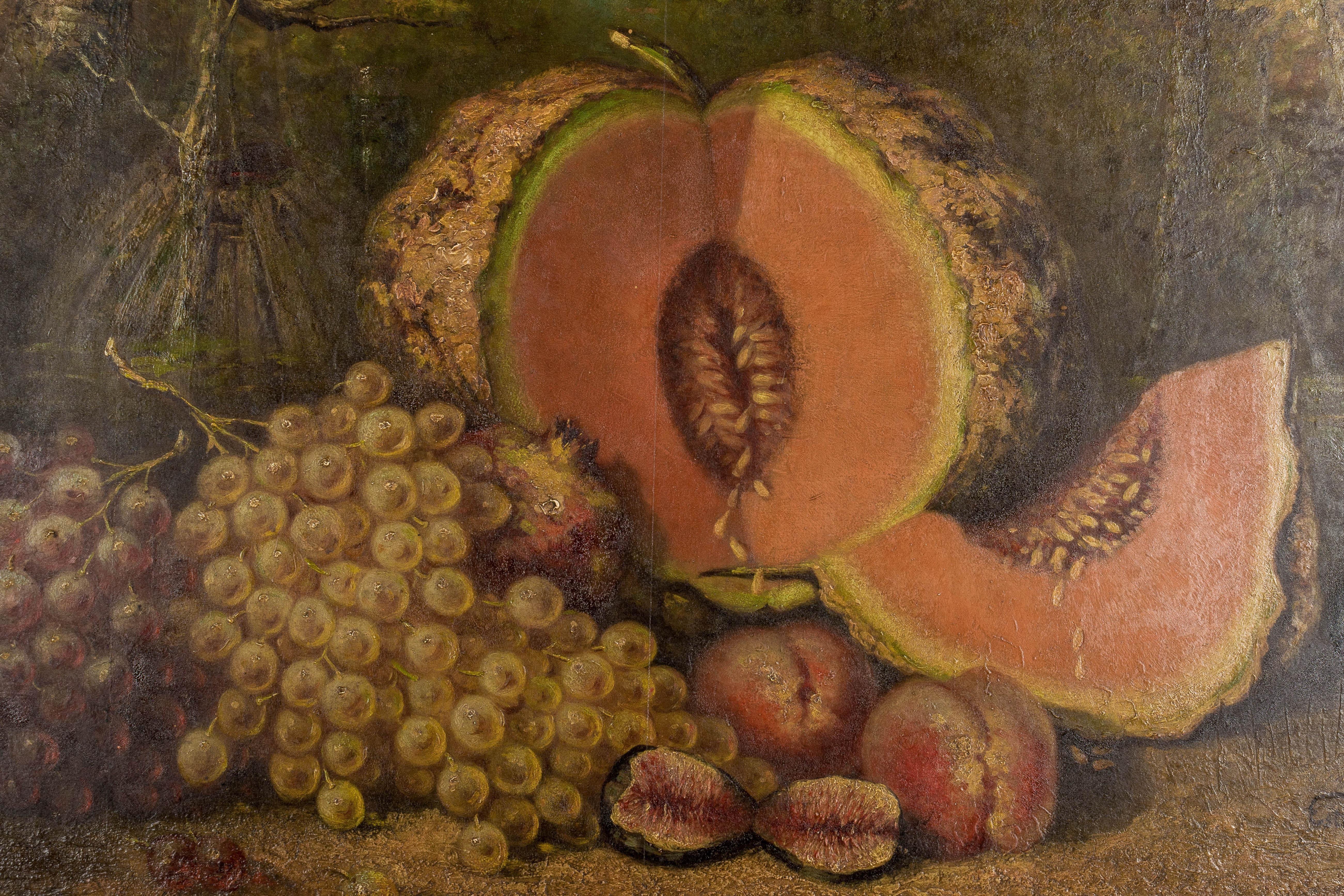 Hand-Painted 19th Century French Large Still Life Melon Painting For Sale