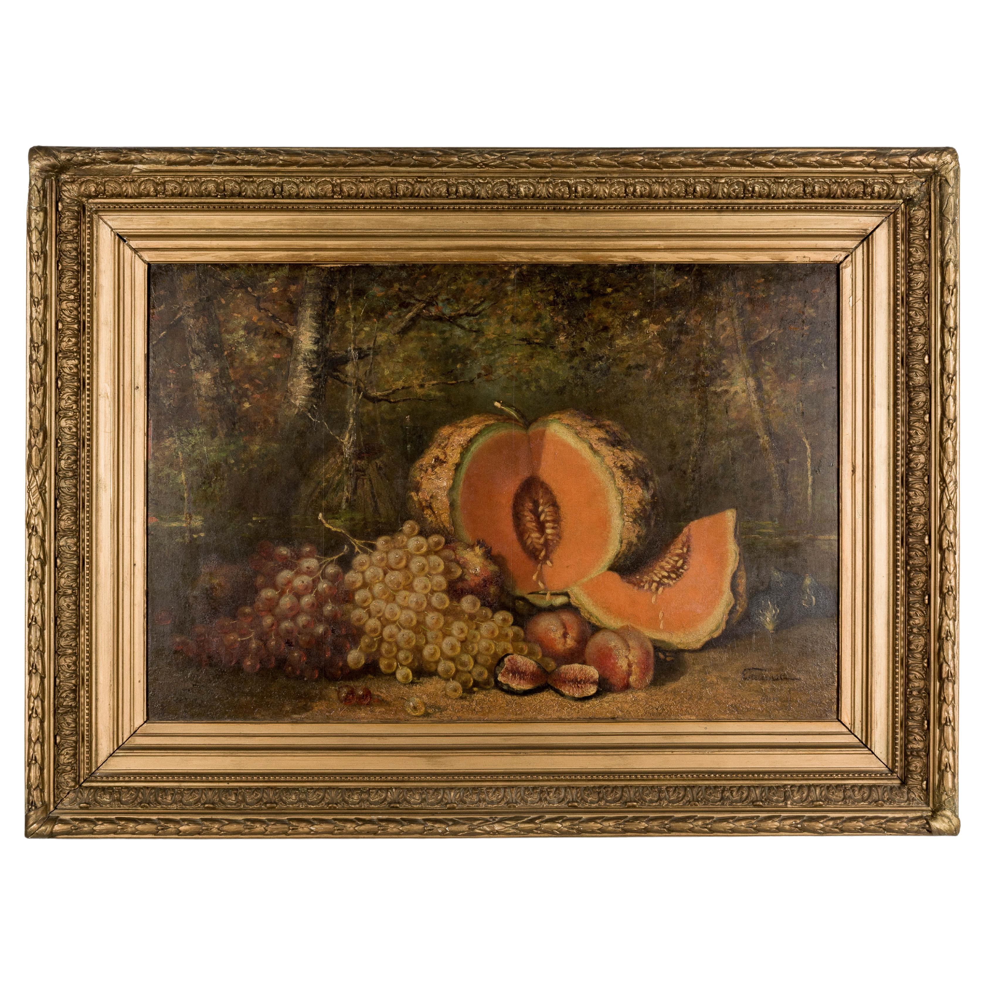 19th Century French Large Still Life Melon Painting For Sale