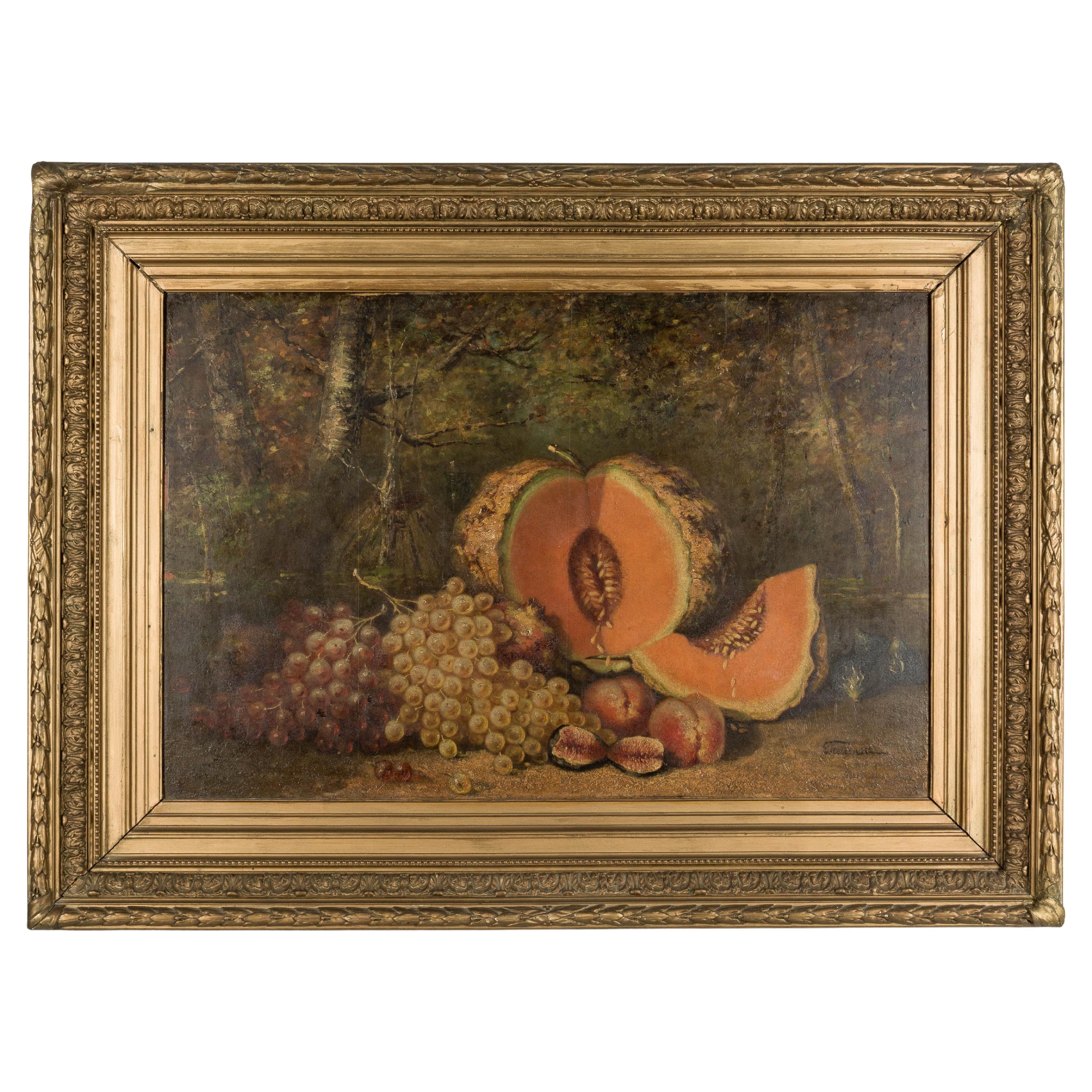 Pittura francese del XIX secolo con grande natura morta di melone
