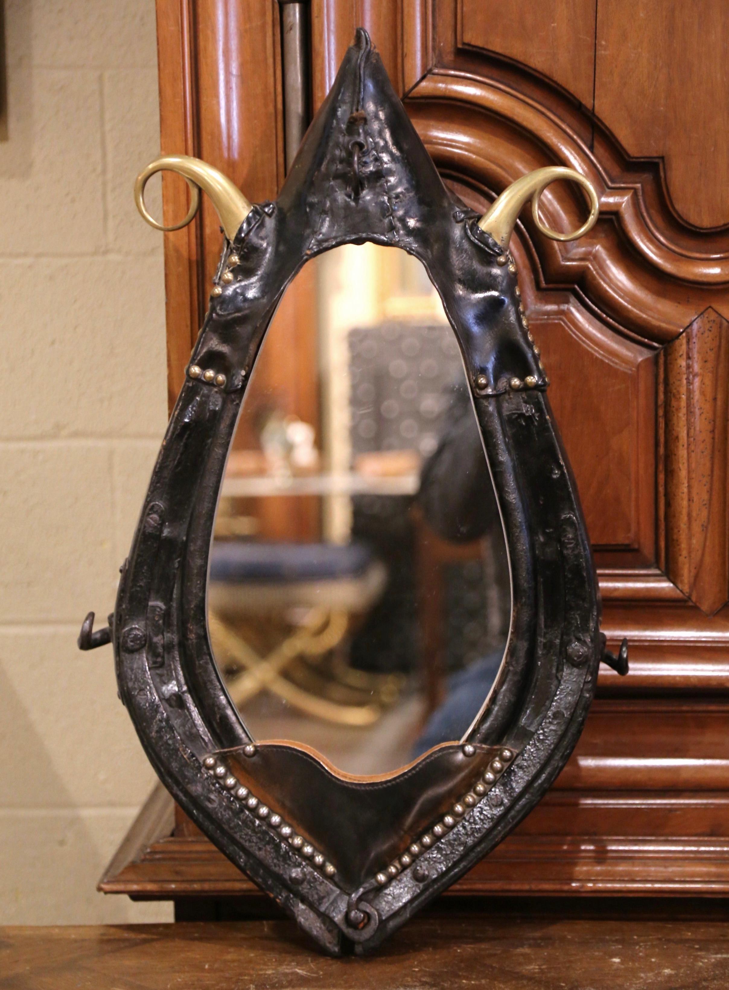 Country 19th Century French Leather and Bronze Horse Collar Converted into Wall Mirror For Sale