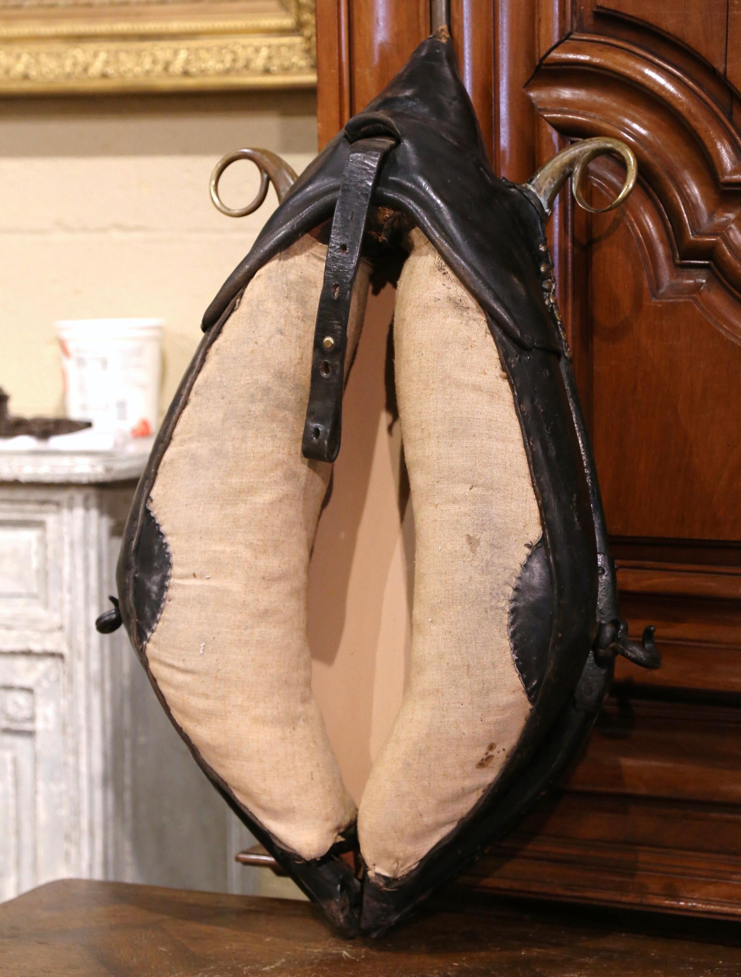 19th Century French Leather and Bronze Horse Collar Converted into Wall Mirror In Excellent Condition For Sale In Dallas, TX