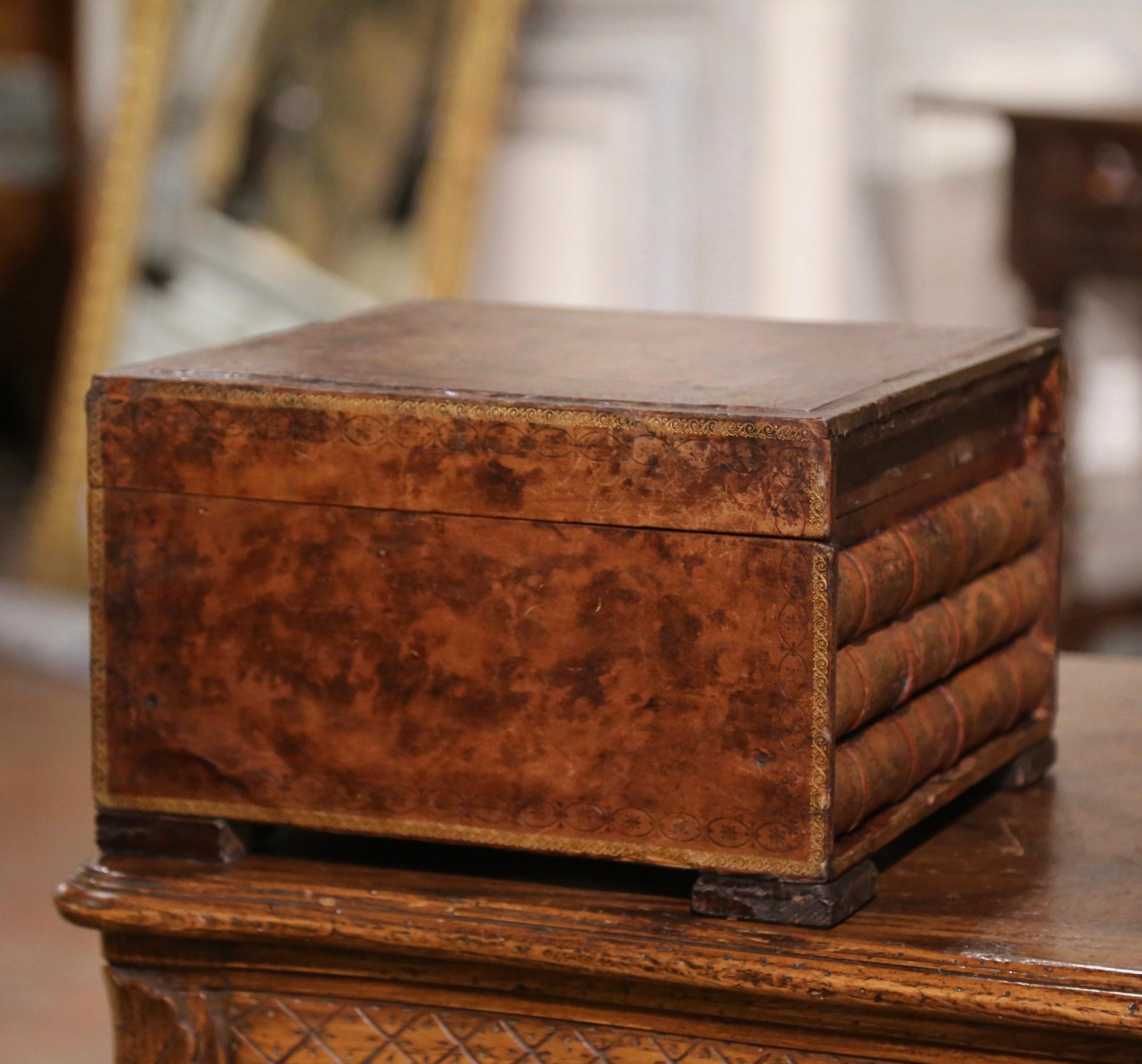 19th Century French Leather Bound Books Decorative Box with Hidden Drawer For Sale 9