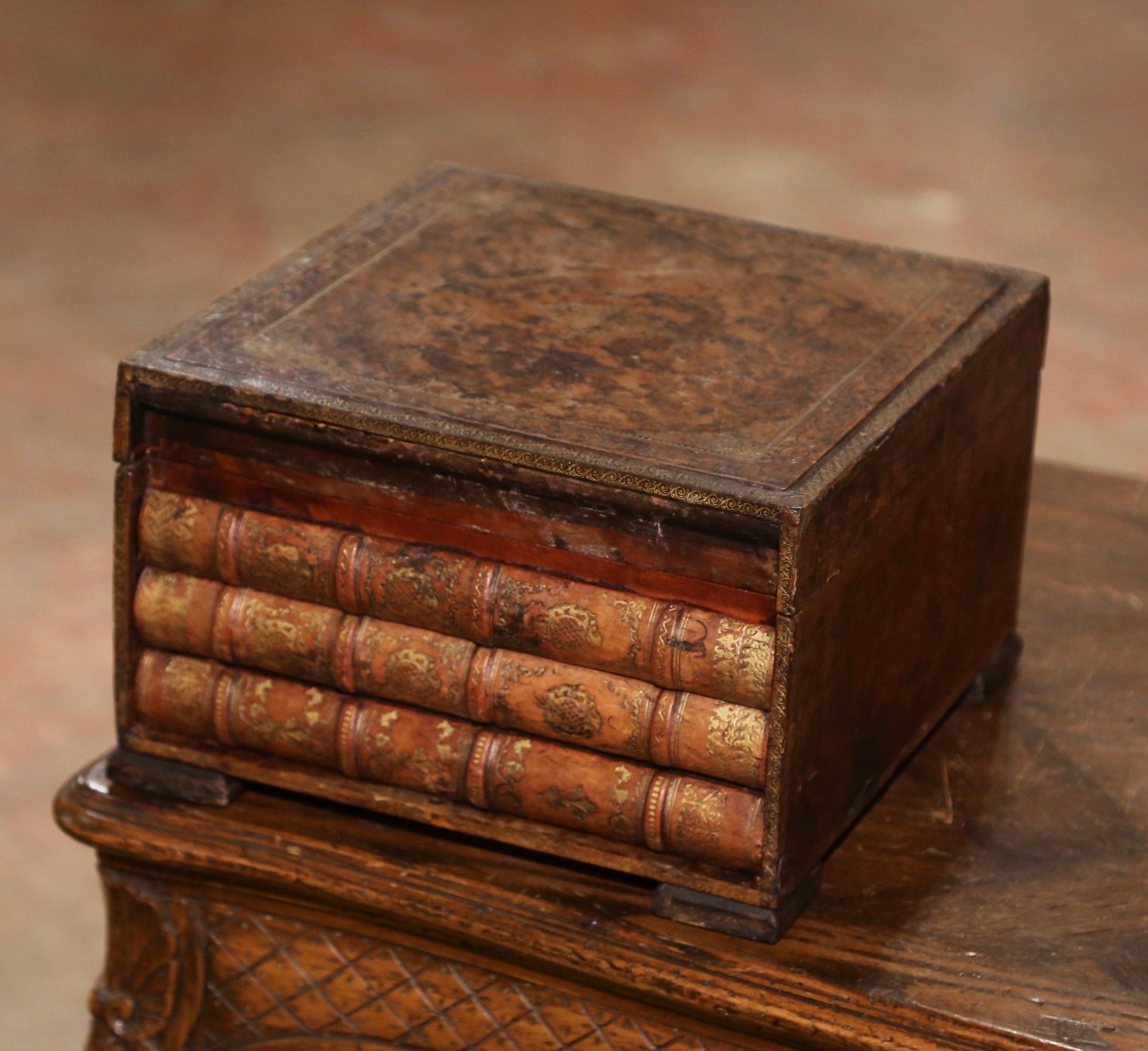19th Century French Leather Bound Books Decorative Box with Hidden Drawer For Sale 1