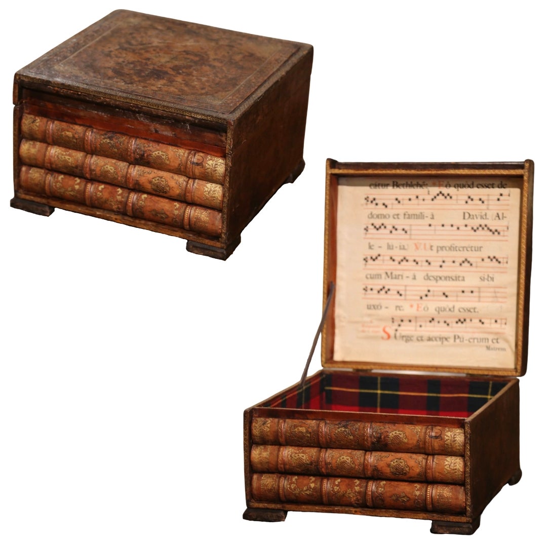 19th Century French Leather Bound Books Decorative Box with Hidden Drawer For Sale