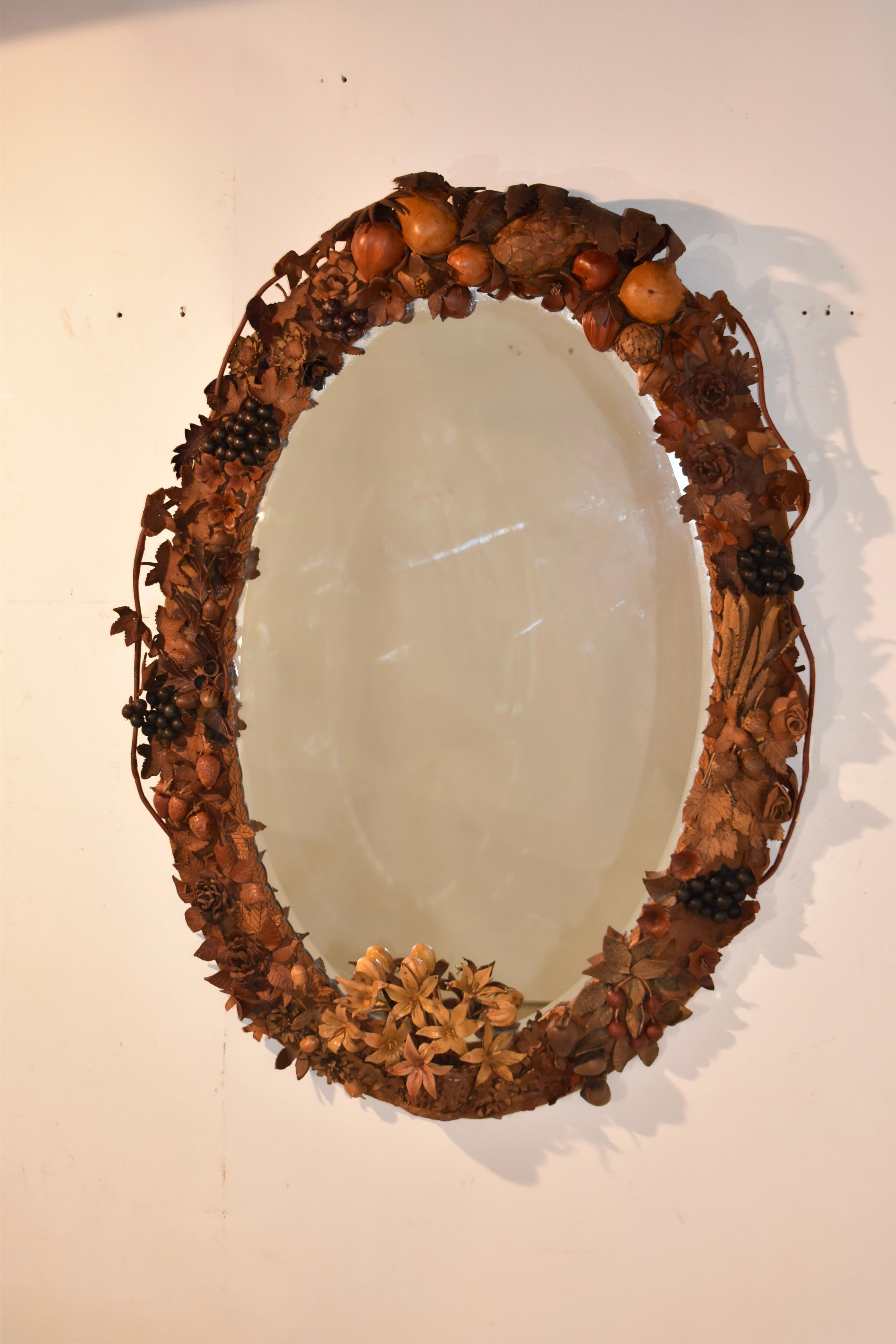19th Century French Leather Floral and Fruit Wall Mirror For Sale 6