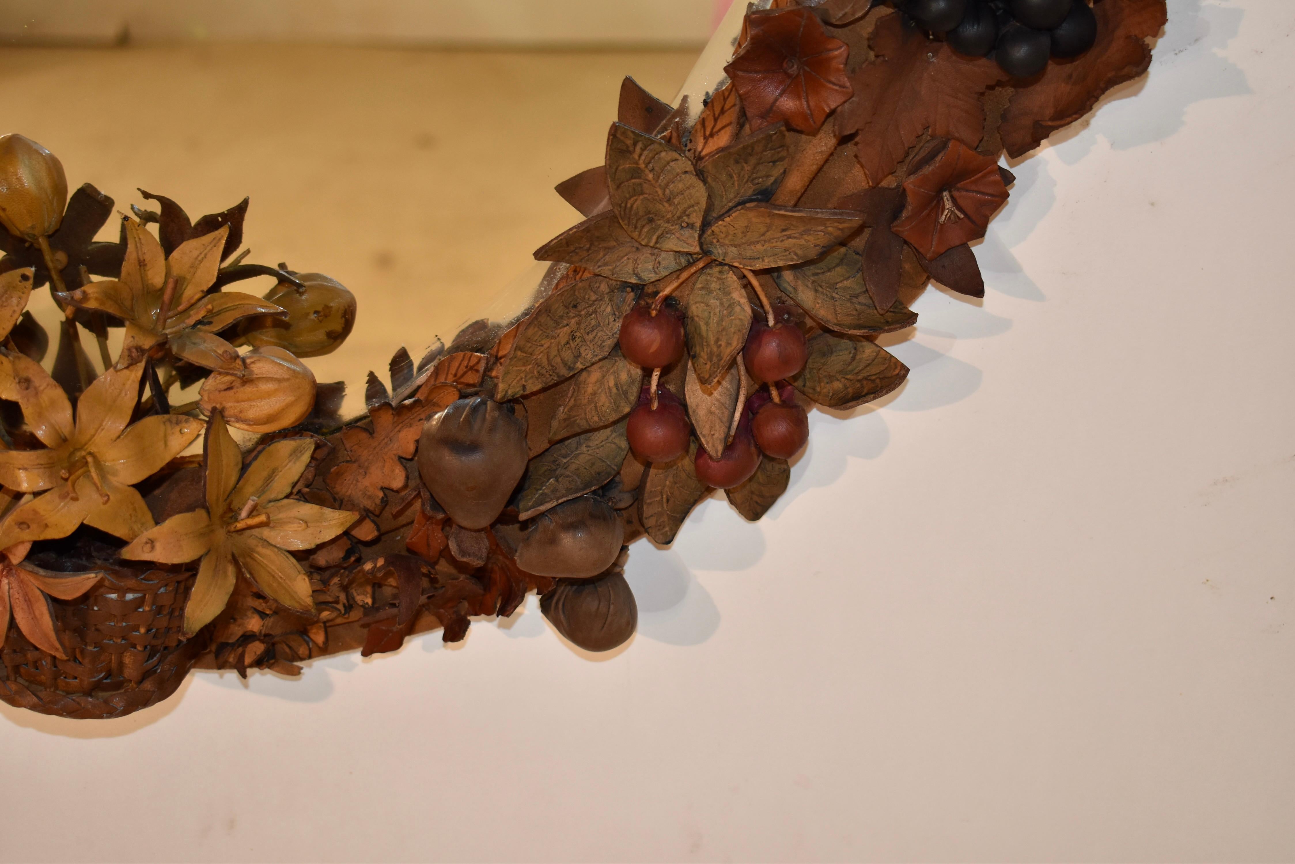 French Provincial 19th Century French Leather Floral and Fruit Wall Mirror For Sale
