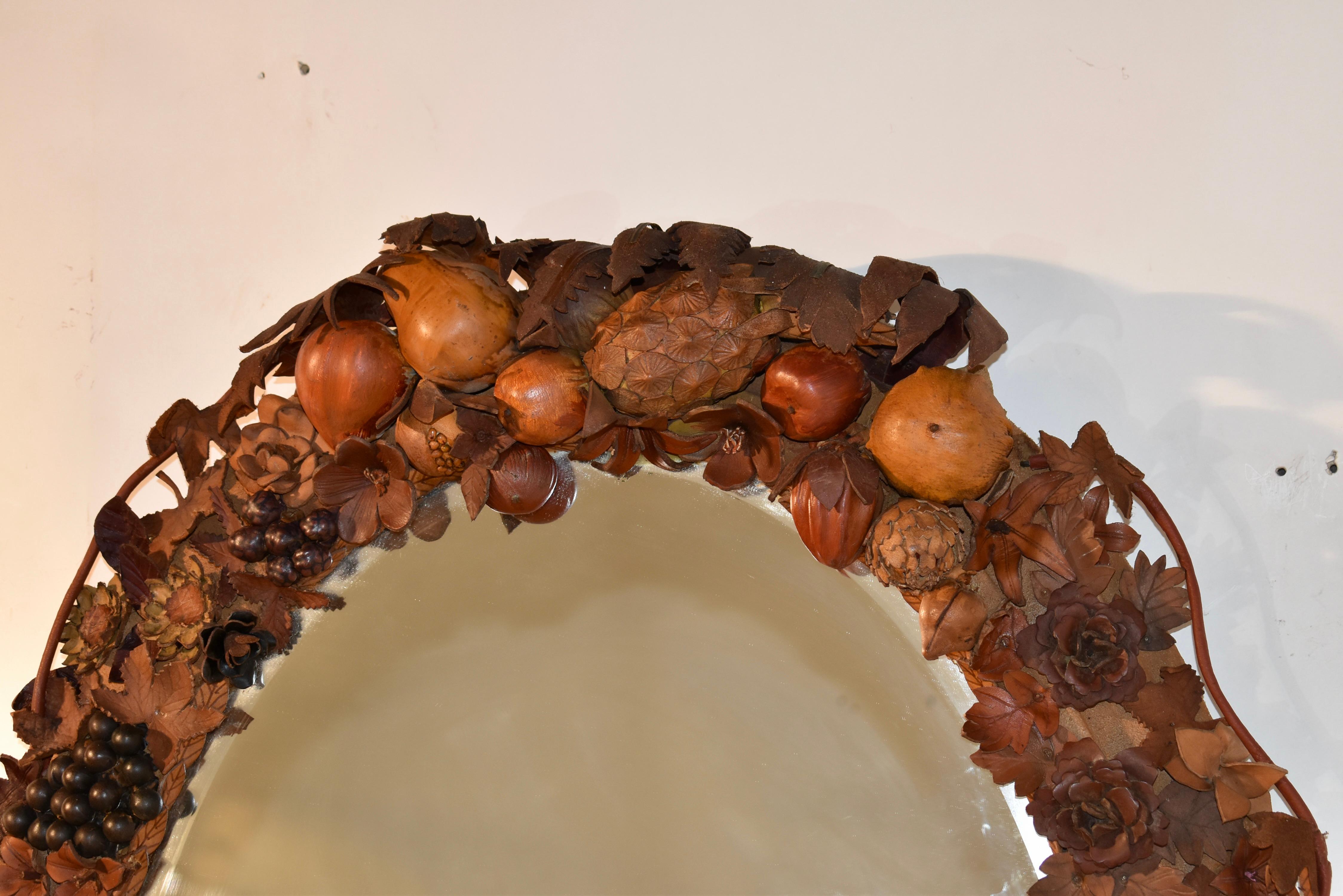 19th Century French Leather Floral and Fruit Wall Mirror In Good Condition For Sale In High Point, NC