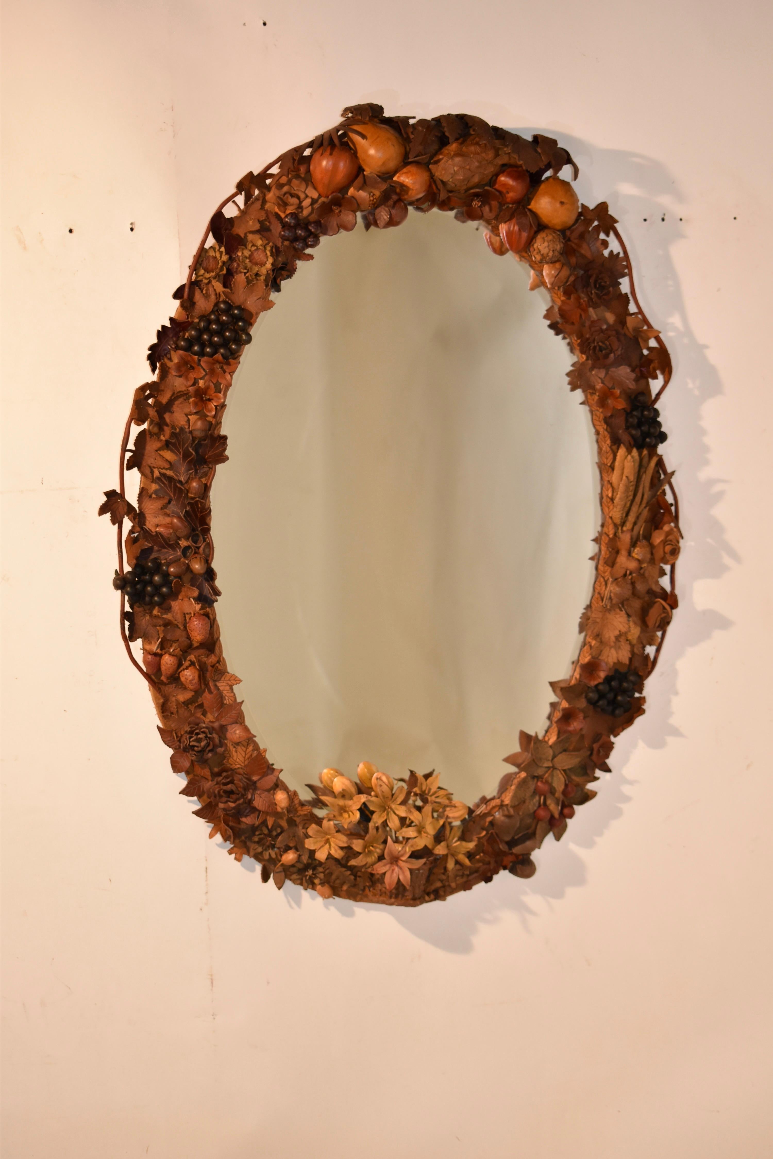 19th Century French Leather Floral and Fruit Wall Mirror For Sale 1