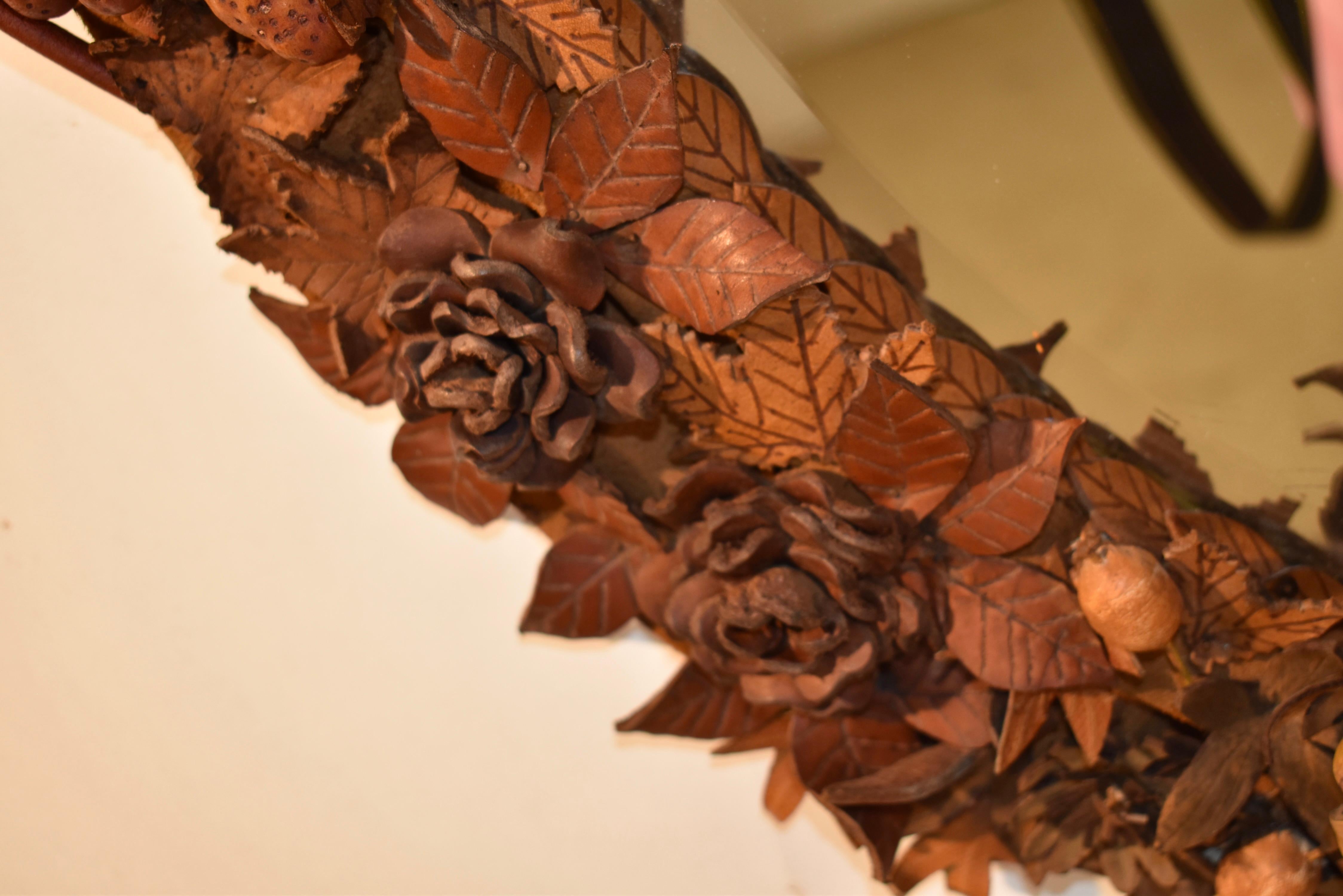 19th Century French Leather Floral and Fruit Wall Mirror For Sale 3