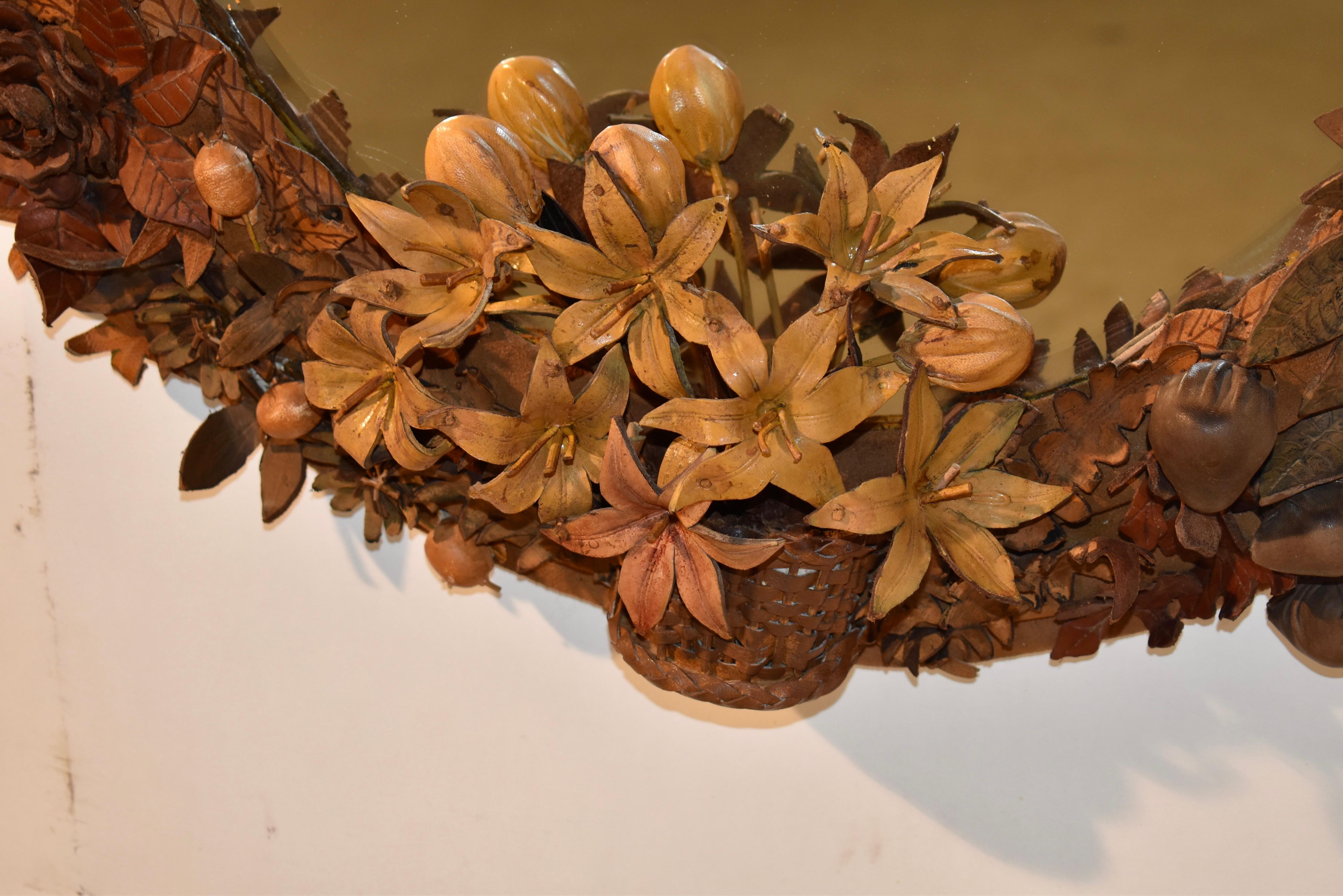 19th Century French Leather Floral and Fruit Wall Mirror For Sale 4