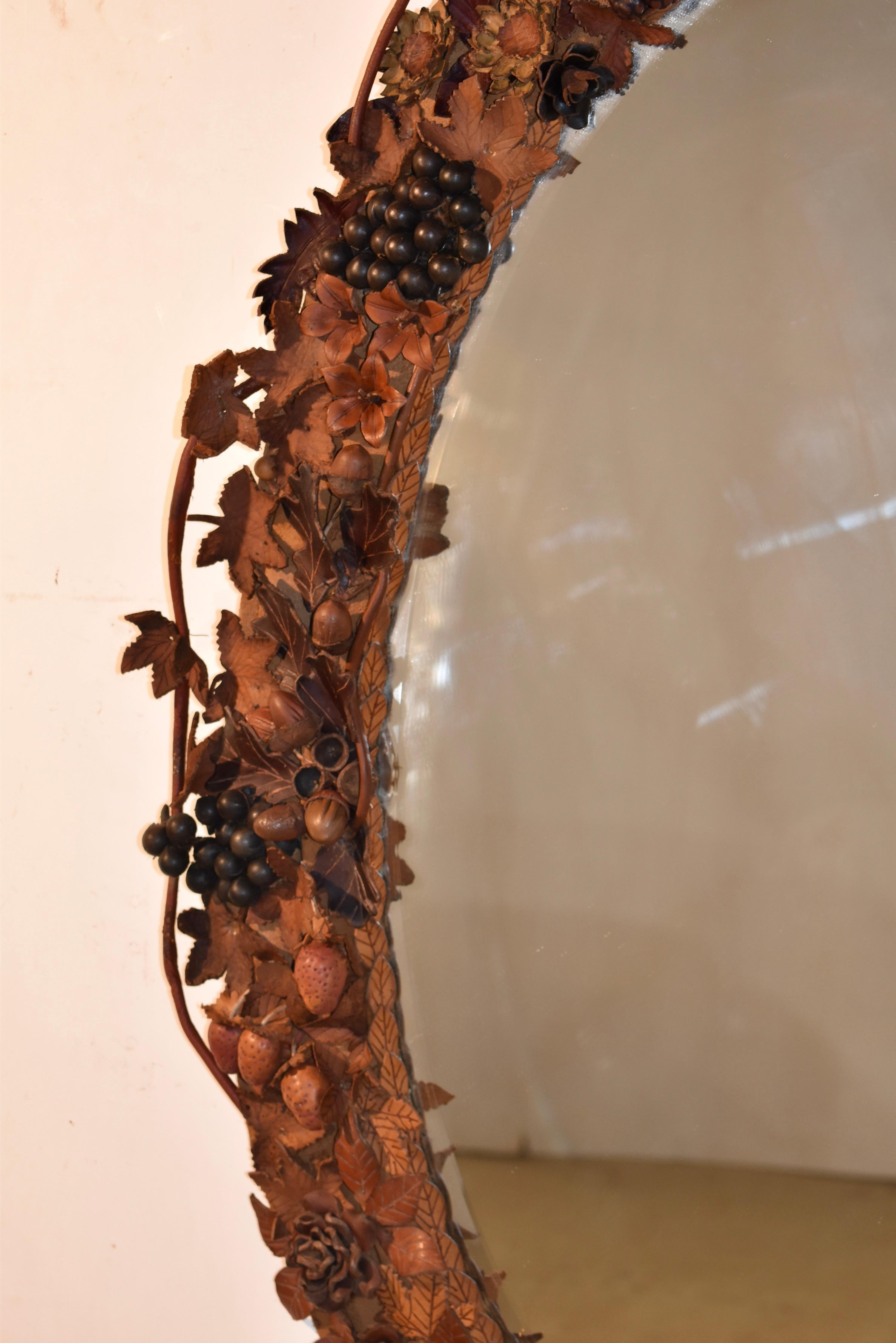 19th Century French Leather Floral and Fruit Wall Mirror For Sale 5