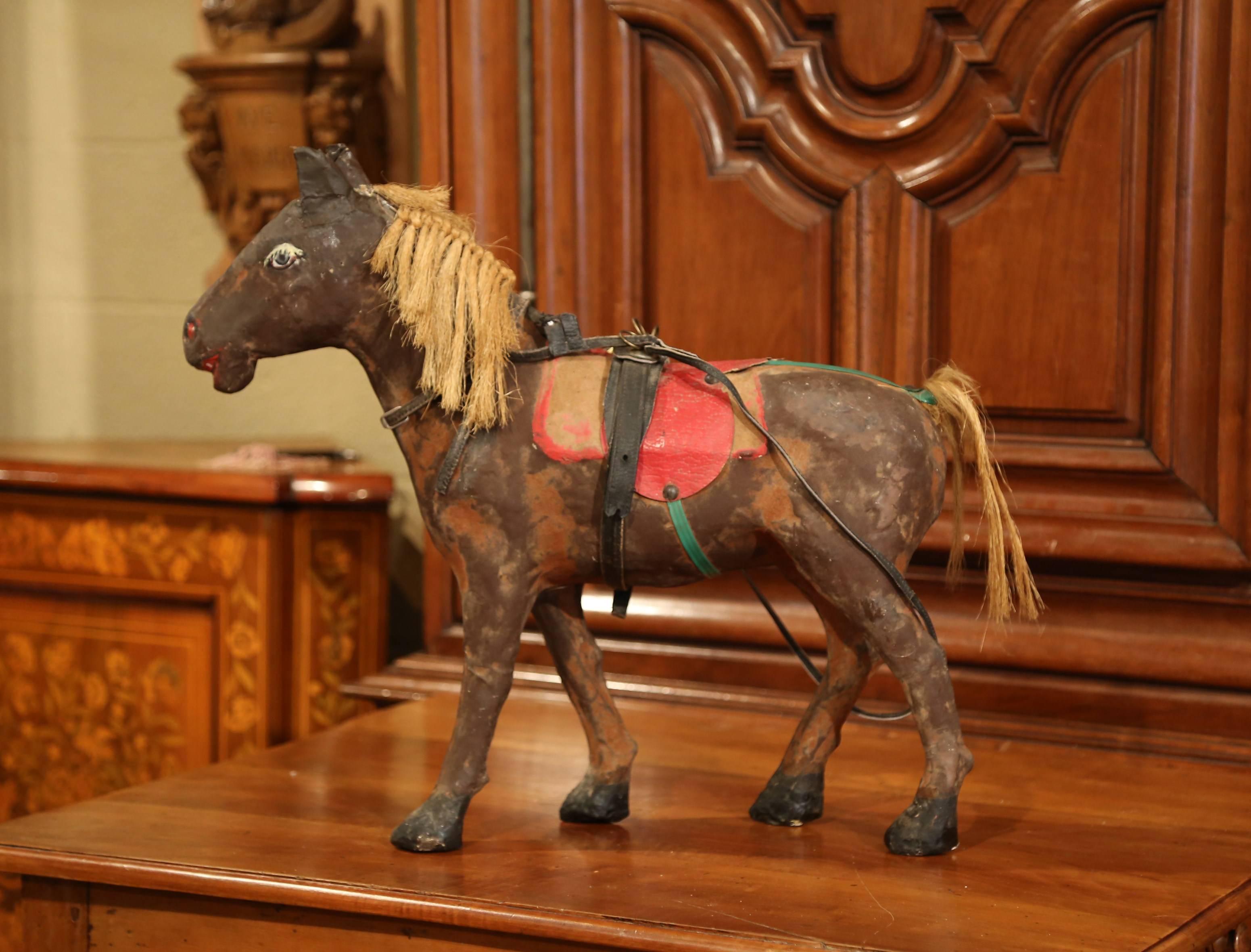 Hand-Crafted 19th Century French Leather Paper Mâché and Horse Hair Painted Sculpture For Sale
