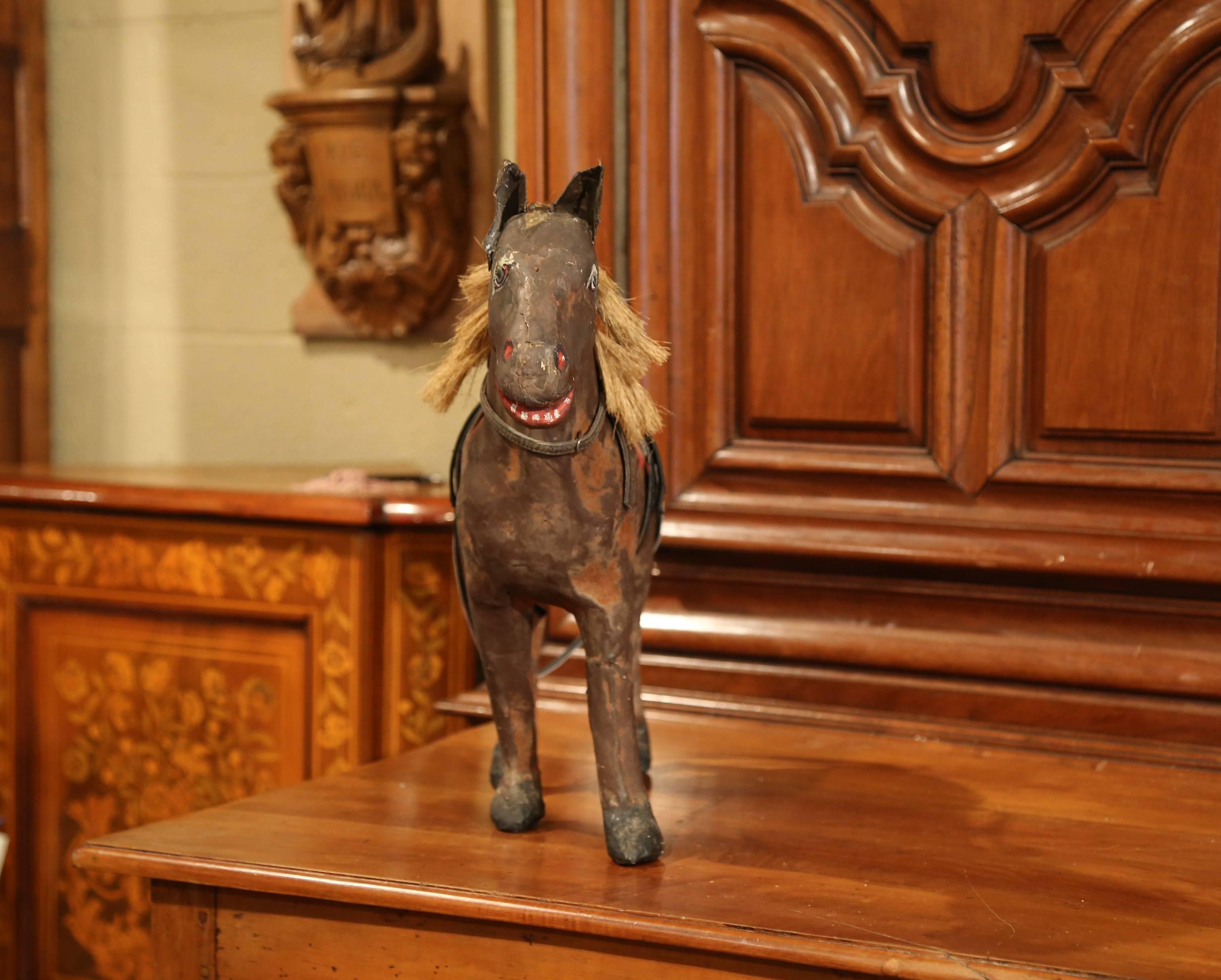 19th Century French Leather Paper Mâché and Horse Hair Painted Sculpture In Good Condition For Sale In Dallas, TX