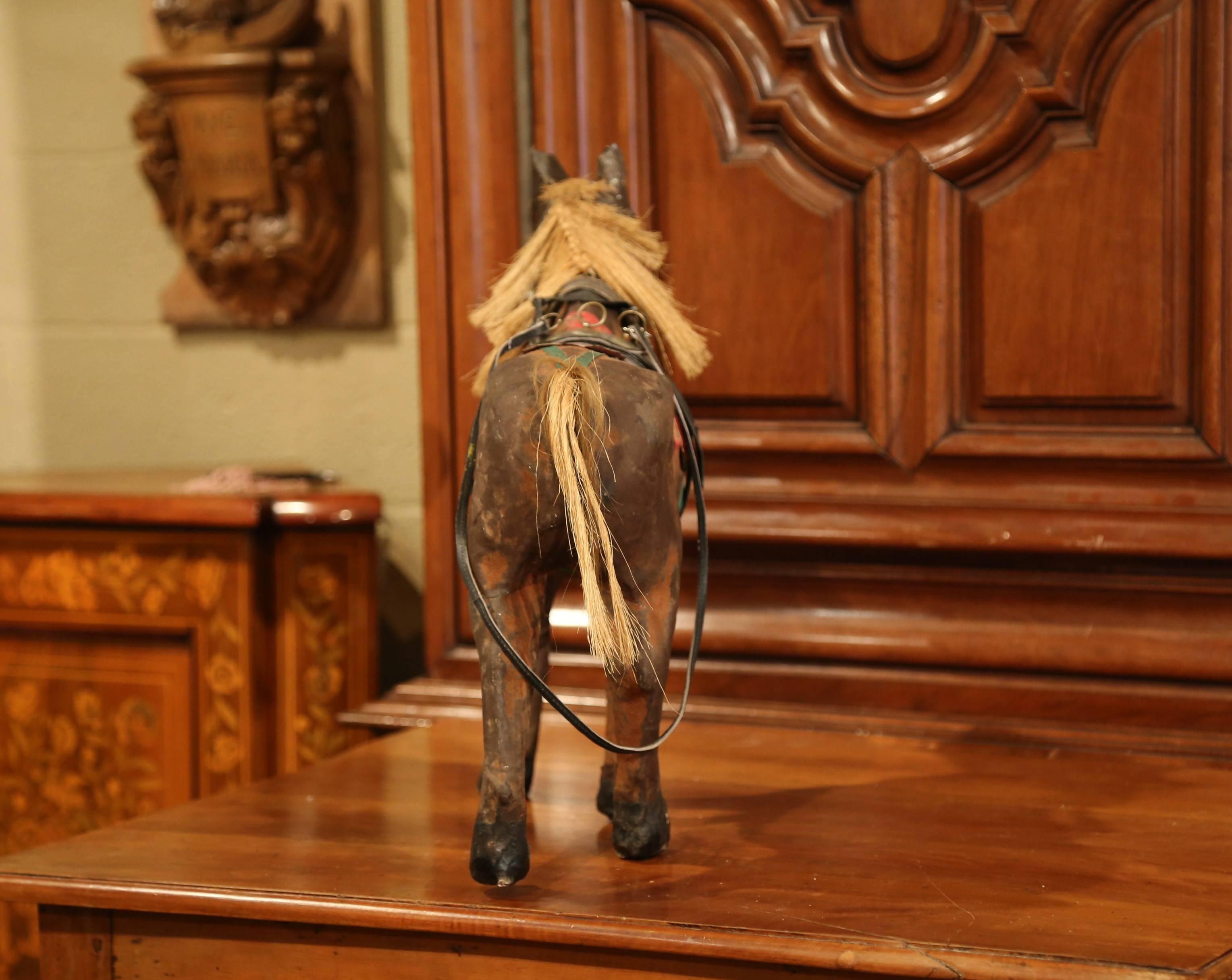 19th Century French Leather Paper Mâché and Horse Hair Painted Sculpture For Sale 1