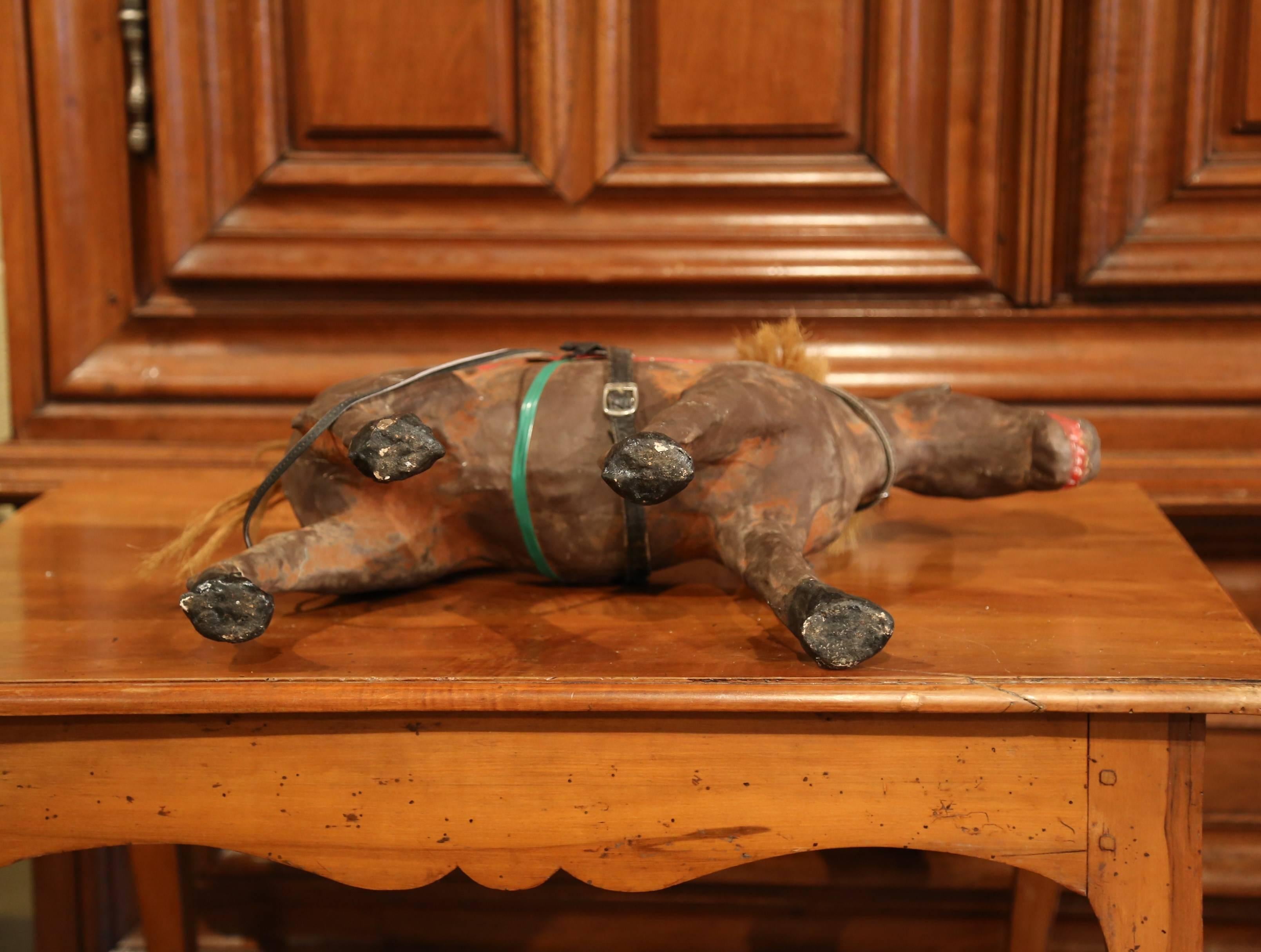 19th Century French Leather Paper Mâché and Horse Hair Painted Sculpture For Sale 2