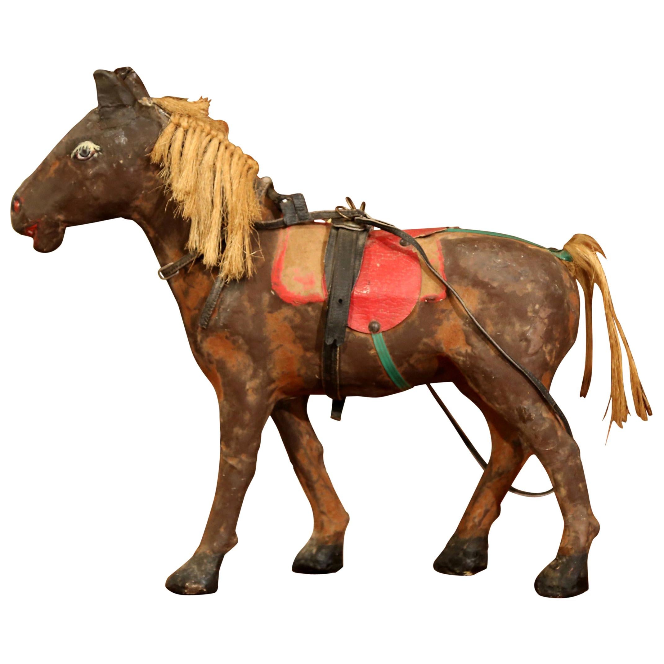 19th Century French Leather Paper Mâché and Horse Hair Painted Sculpture