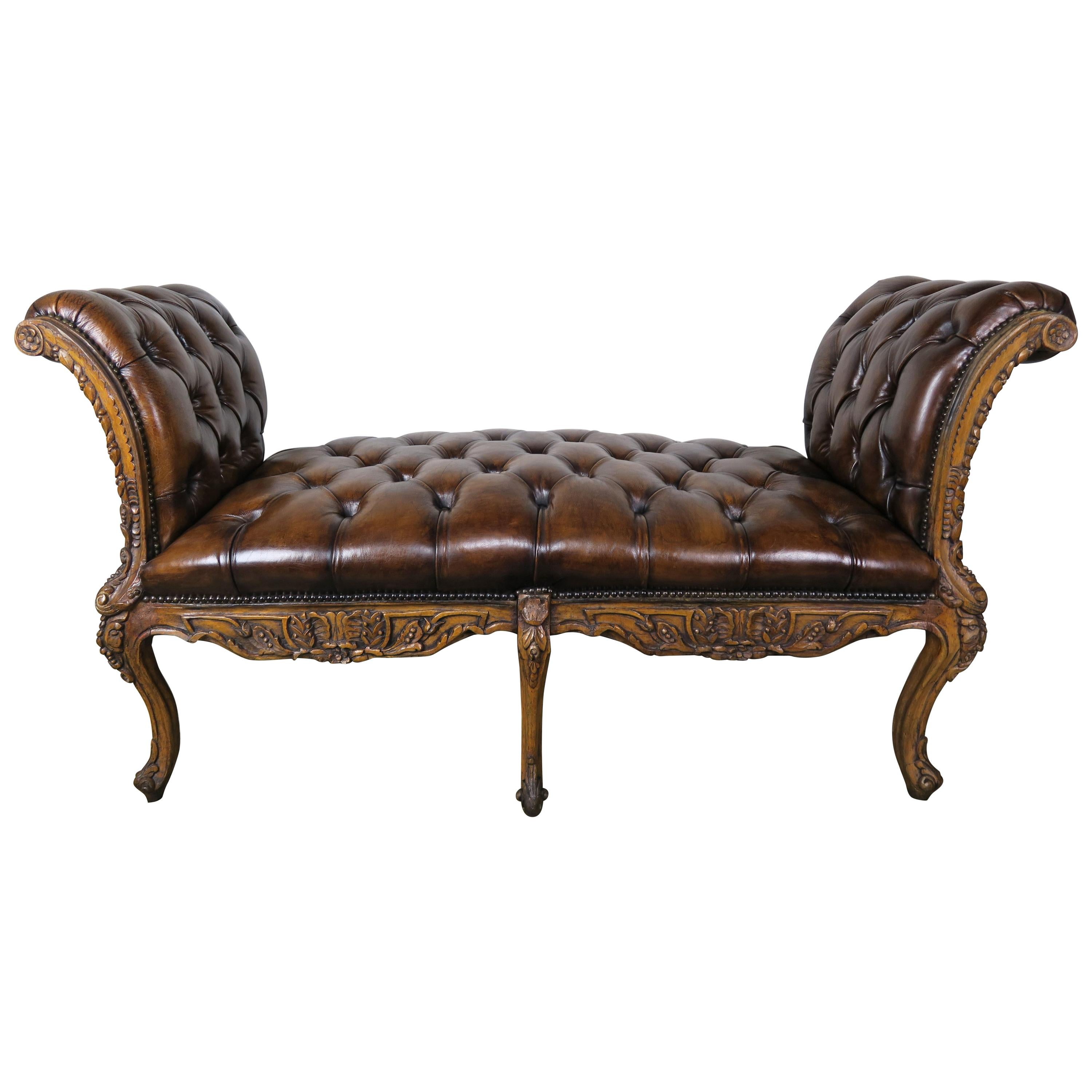 19th Century French Leather Six-Legged Tufted Bench