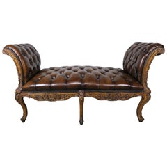 Antique 19th Century French Leather Six-Legged Tufted Bench